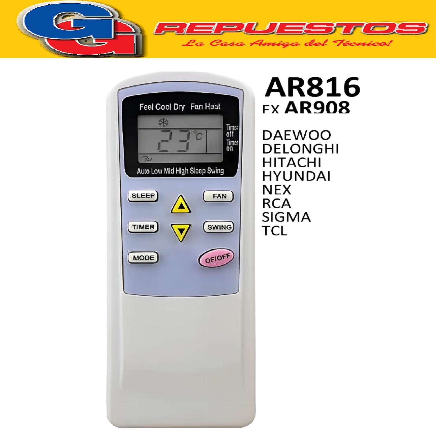 CONTROL REMOTO AIRE ACONDICIONADO SPLIT PARA AR816 TCL -RCA- DELONGHI HITACHI HYUNDAI SIGMA NEXT DAEWO PE-AA3 KELVINATOR A416