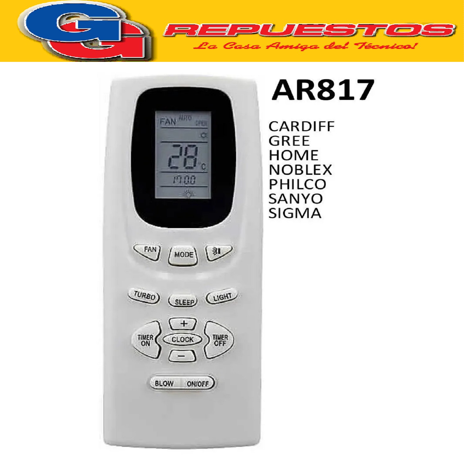 CONTROL REMOTO AIRE ACONDICIONADO SPLIT PARA AR817  -SANYO   PHILCO COVENTRY NOBLEX CADIF NOBLE GREE A417