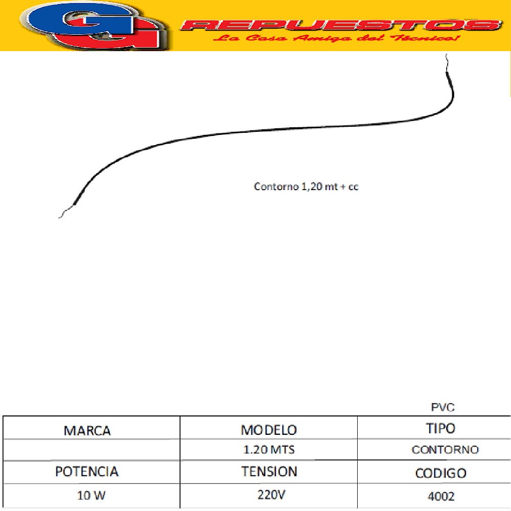 RESISTENCIA CONTORNO SILICONA HELADERA COLUMBIA 10W  Y VARIA S MARCAS LARGO :1.20 MTS- 220V -10W  RESISTENCIA CABLE SILICONA UNIVERSAL PVC EMICOL 1.2 METROS 10W RBR3063
REP.COM.05218