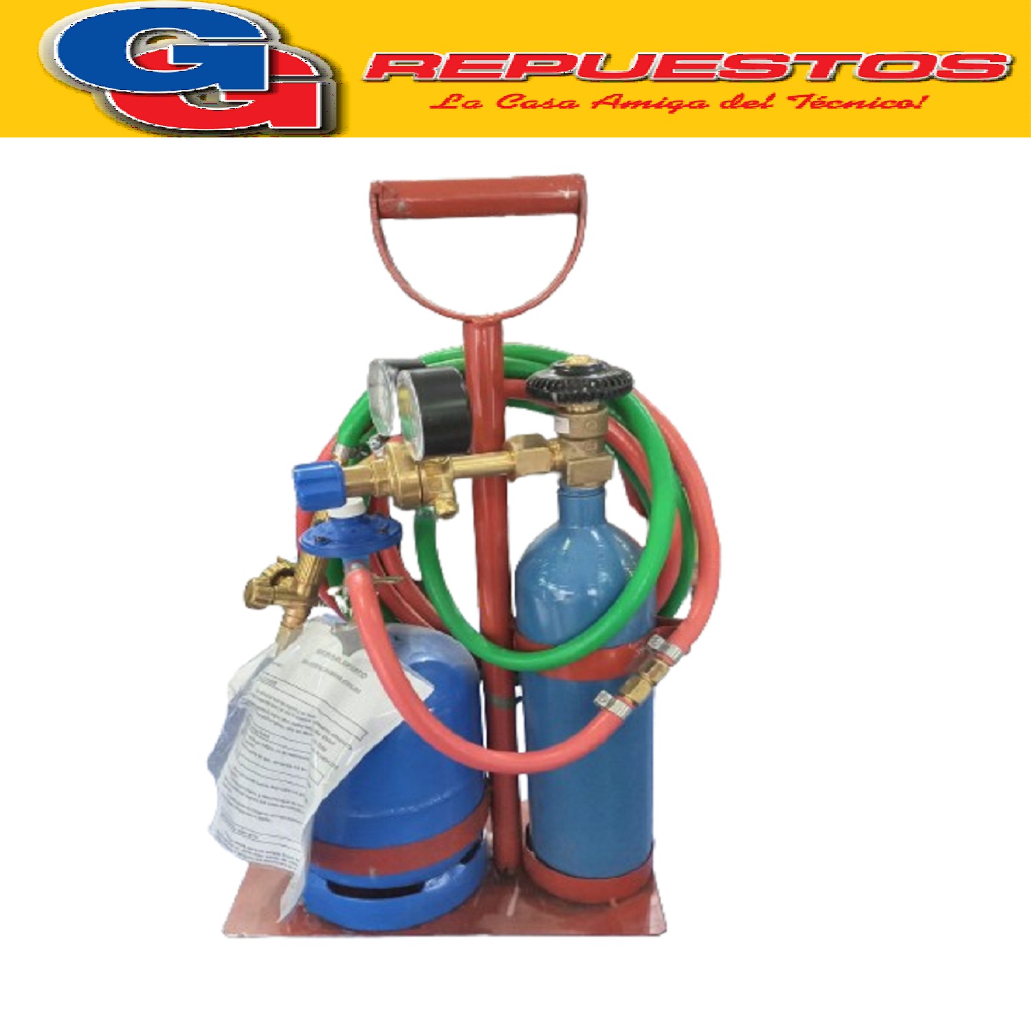 EQUIPO DE SOLDAR OXIGAS DE 1KG GAS X 1/4MT OXIGENO COMPLERO  CON REGULADOR Y SOPLETE CON VALVULA ANTI RETORNO LINEA  ECO
Cilindro con valvula de dos manometros
Garrafa gas butano 
Base de traslado con manija
Juego de soplete 1 pico
Mangueras, arrestallamas