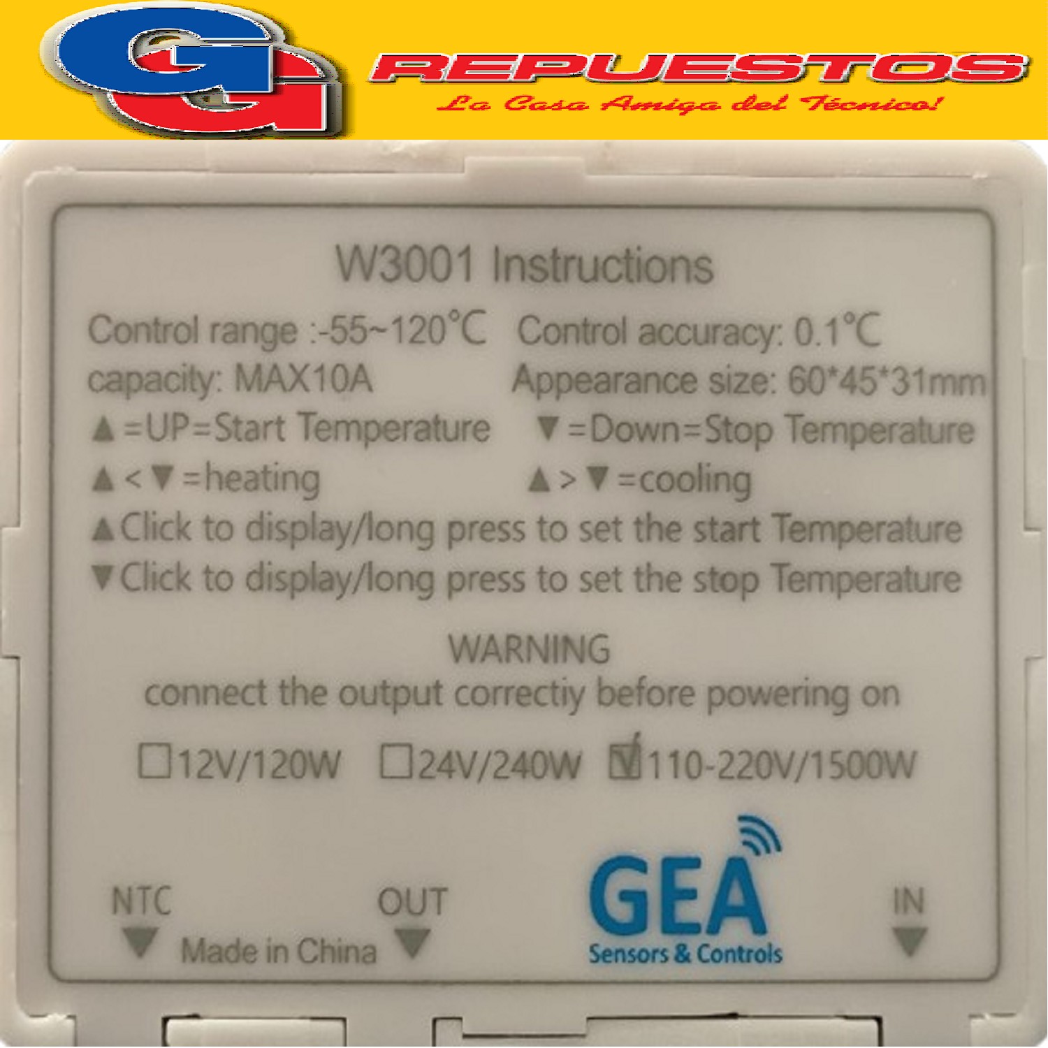 TERMOSTATO UNIVERSAL DIGITAL PROGRAMABLE W3001. -50 A 110ºC  12V 1500W