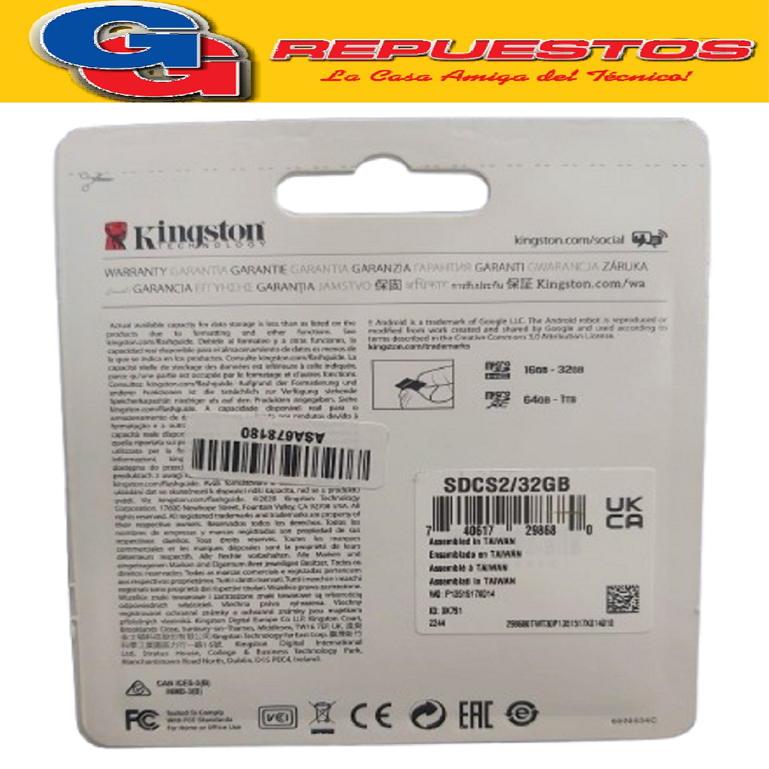 TARJETA DE MEMORIA KINGSTON 32GB CLASE 10 CANVAS INCLUIDO EL ADAPTADOR