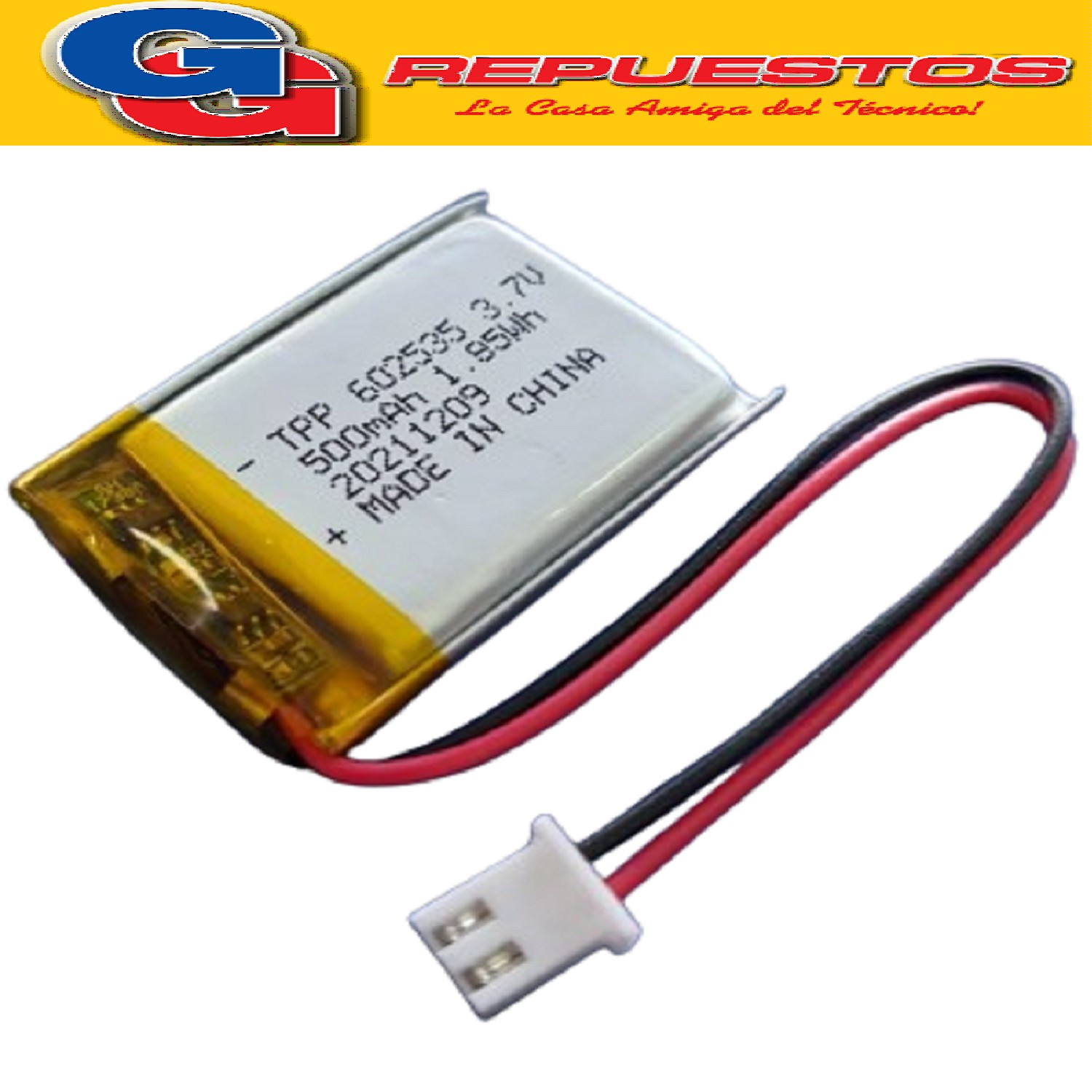 BATERÍA DE LÍTIO POLÍMERO RECARGABLE 3.7V 500MA medidas larg o 35 mm ancho 25 mm espesor 5 mm