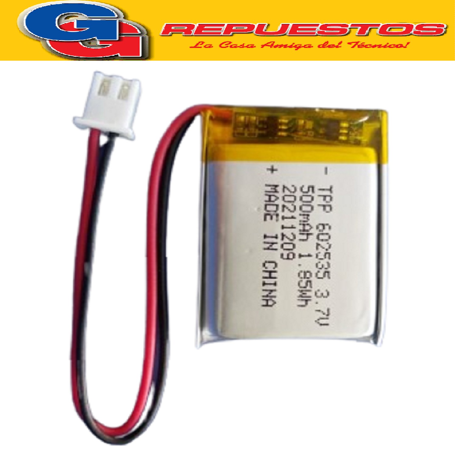 BATERÍA DE LÍTIO POLÍMERO RECARGABLE 3.7V 500MA medidas larg o 35 mm ancho 25 mm espesor 5 mm