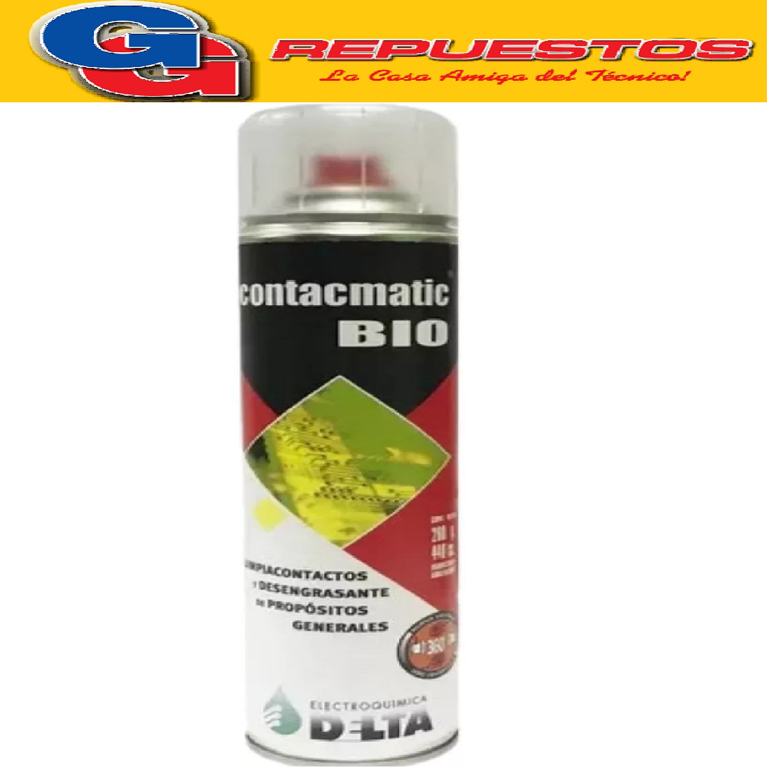 CONTACMATIC BIO 280g LIMPIA CONTACTOS Y DESENGRASANTE  DE PR OPOSITOS GENERALES El Contacmatic Limpiacontactos y Desengrasante Pureza 280g de la marca Delta es un producto esencial para el mantenimiento y cuidado de tus equipos electrónicos. Este producto de alta calidad, con un volumen de 440 cc, es capaz de limpiar y desengrasar tus dispositivos de manera eficiente, prolongando su vida útil y optimizando su rendimiento. Este limpiador y desengrasante es ecológico,