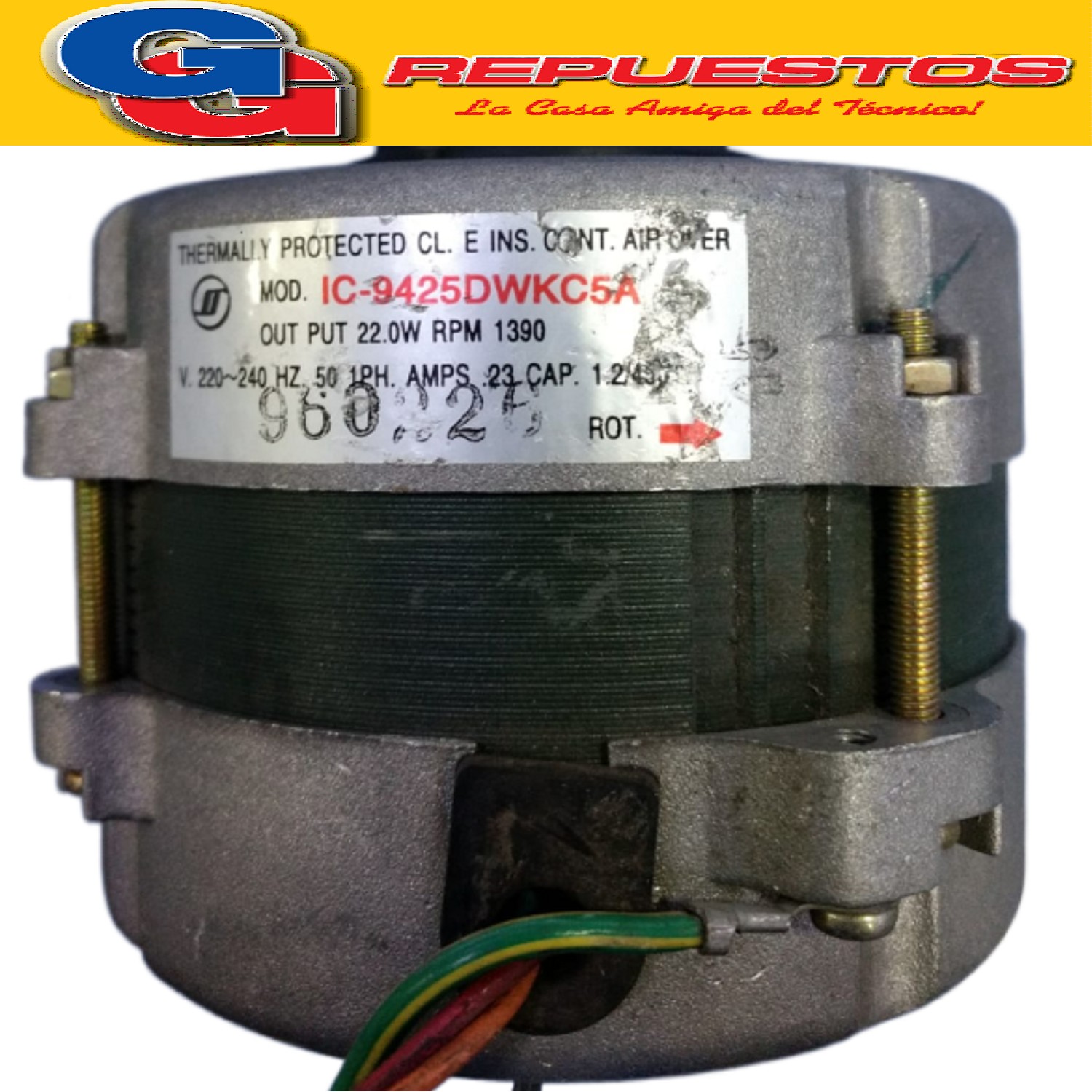 FORZADOR MOTOR EVAPORADOR AIRE ACONDICIONADO IC-9425DWKC5A   220-240V 22W, 50HZ 1PH 1390/RPM, CAPACITOR 1.2UF PARA AIRE SPLIT, VIENE SIN LA GOMA SOPORTE