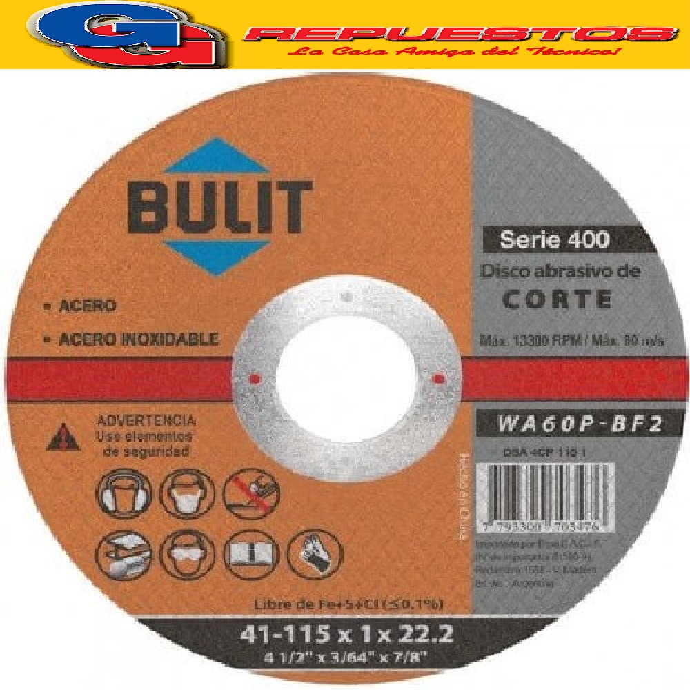 DISCO DE CORTE METAL 4 1/2 115X1X22.23 BOSCH DISCO DE CORTE  - 115 X 1MM - STANDARD FOR INOX - RECTO RA-2608603169 MATERIAL OXIDO DE ALUMINIO