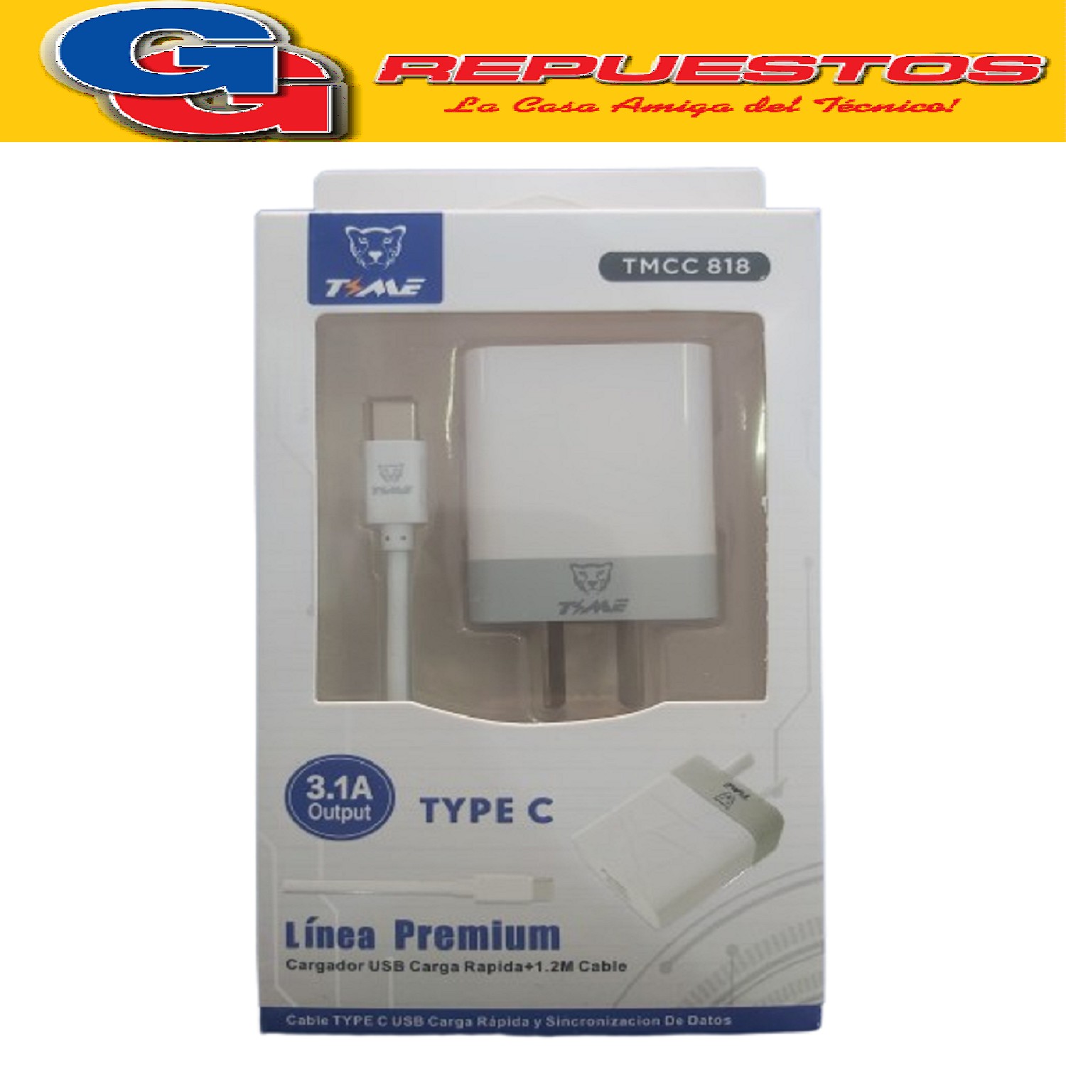 CARGADOR CELULAR TIPO C TIME 3.1A CABLE PREMIUM SEPARADO