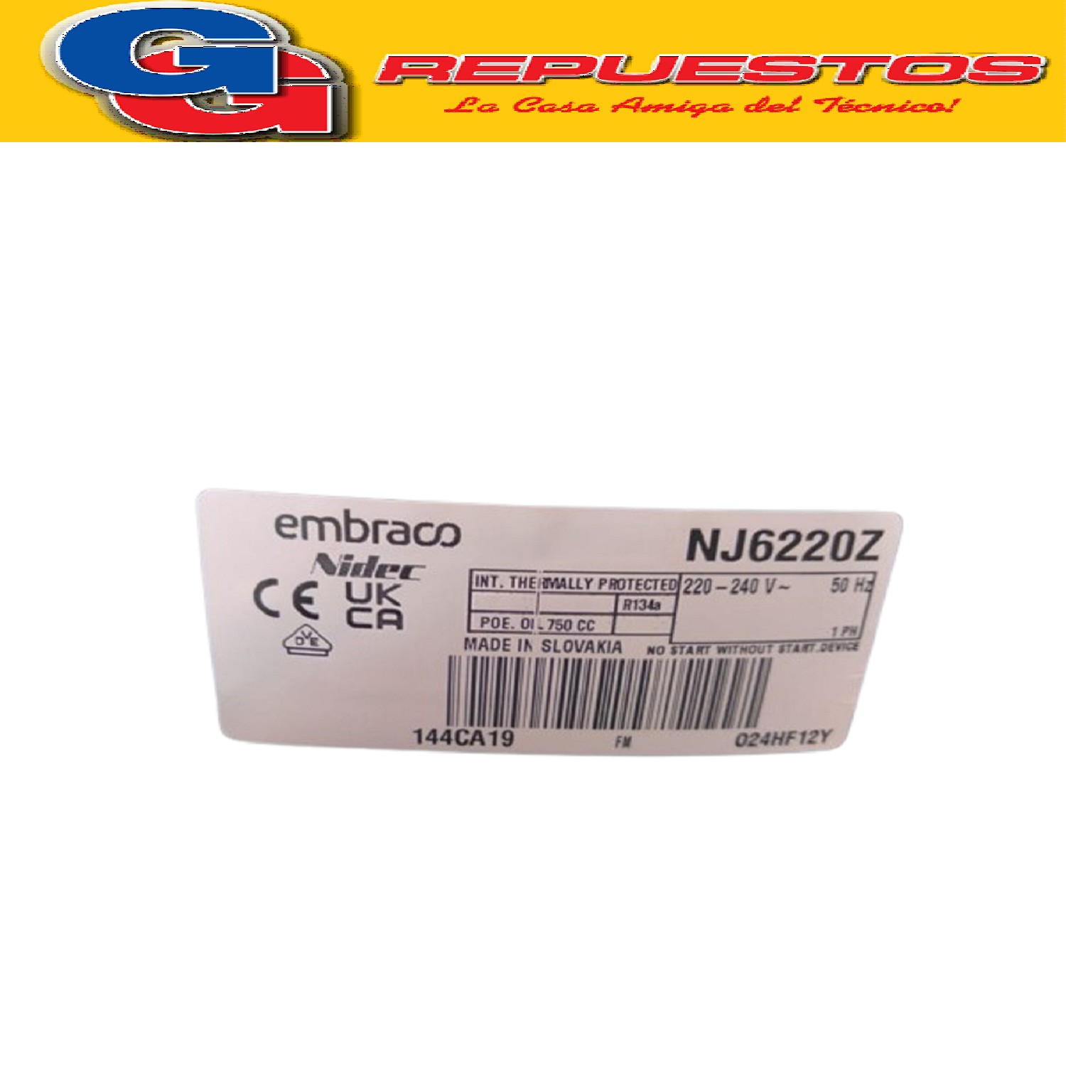 MOTOCOMPRESOR EMBRACO ASPERA 1 HP R134 HBP NJ6220Z COMERCIAL PARA MEDIA TEMPERATURA BIGAS R12 BLEND