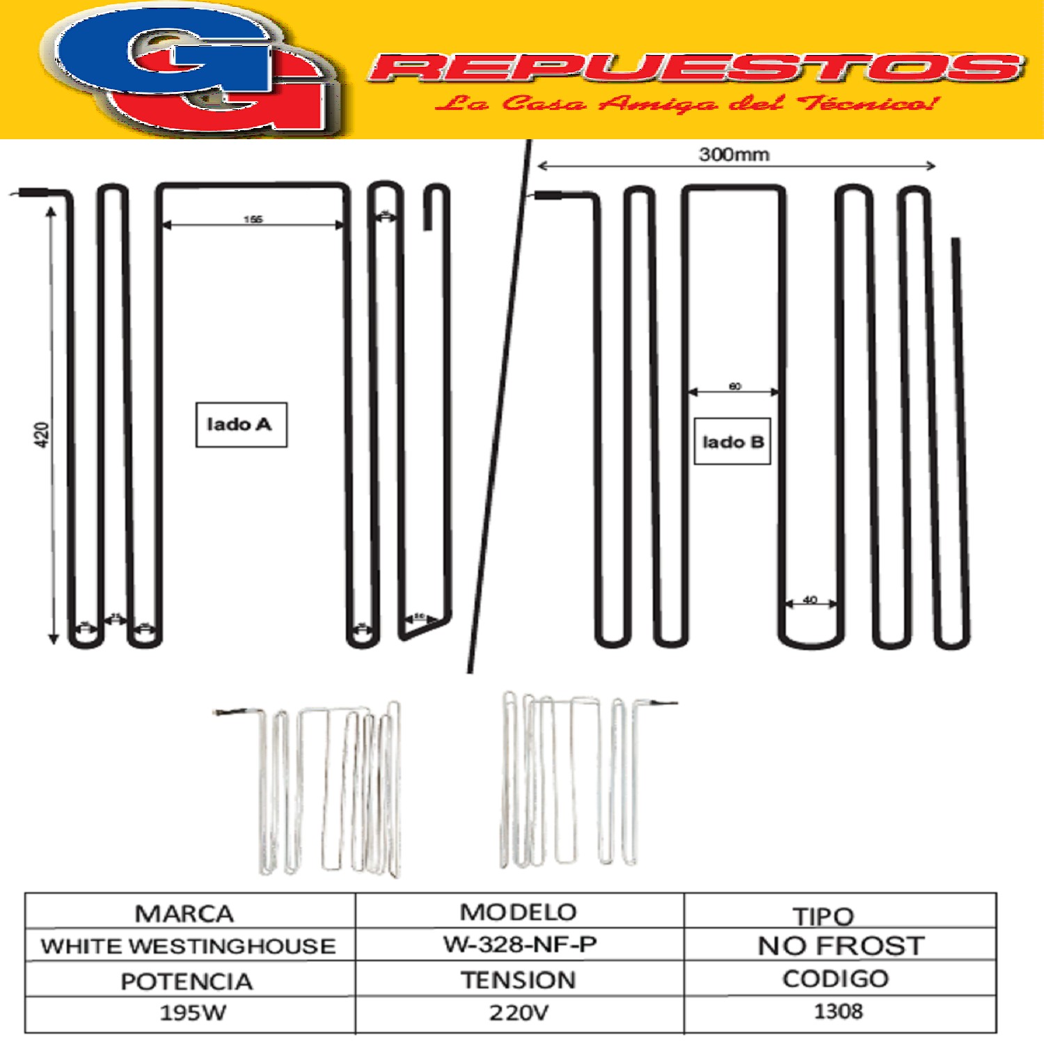 RESISTENCIA ALUMINIO HELADERA NO FROST WHITE WESTING W-328-  NF-P