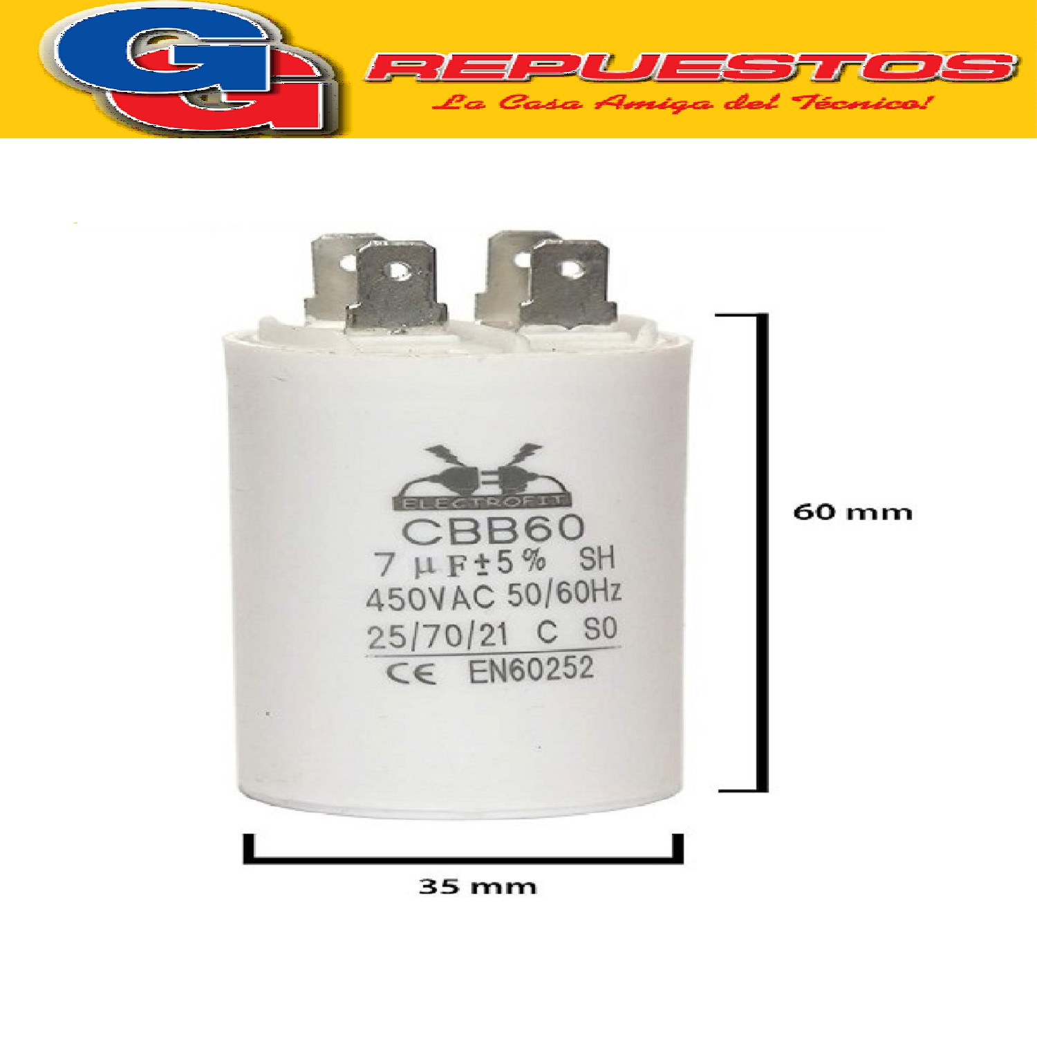 CAPACITOR 7uF x 450V CBB60 DE 4 PINES CILINDRICO