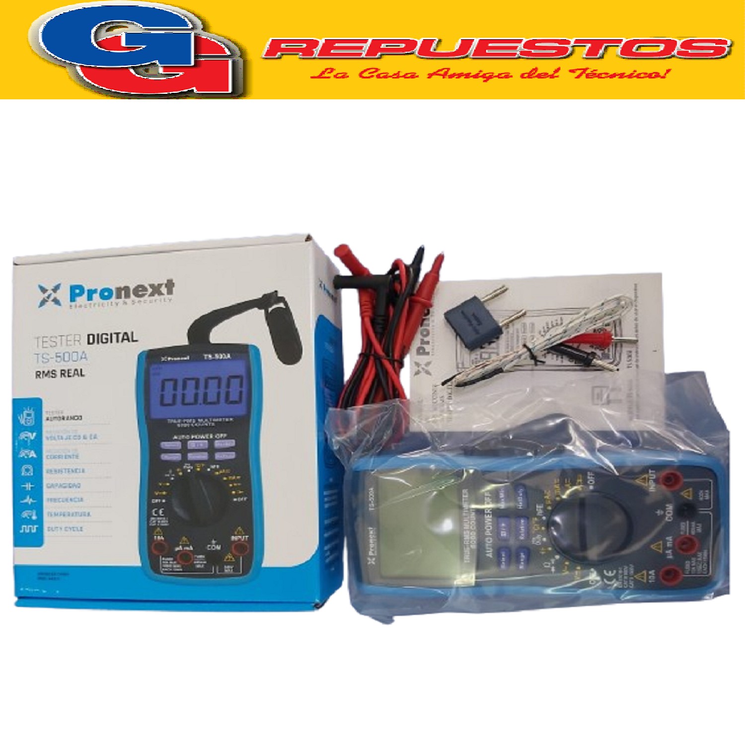 TESTER AUTORANGO Y CON SUJETADOR TS 500A Utiliza batería de  9V (no Incluida)