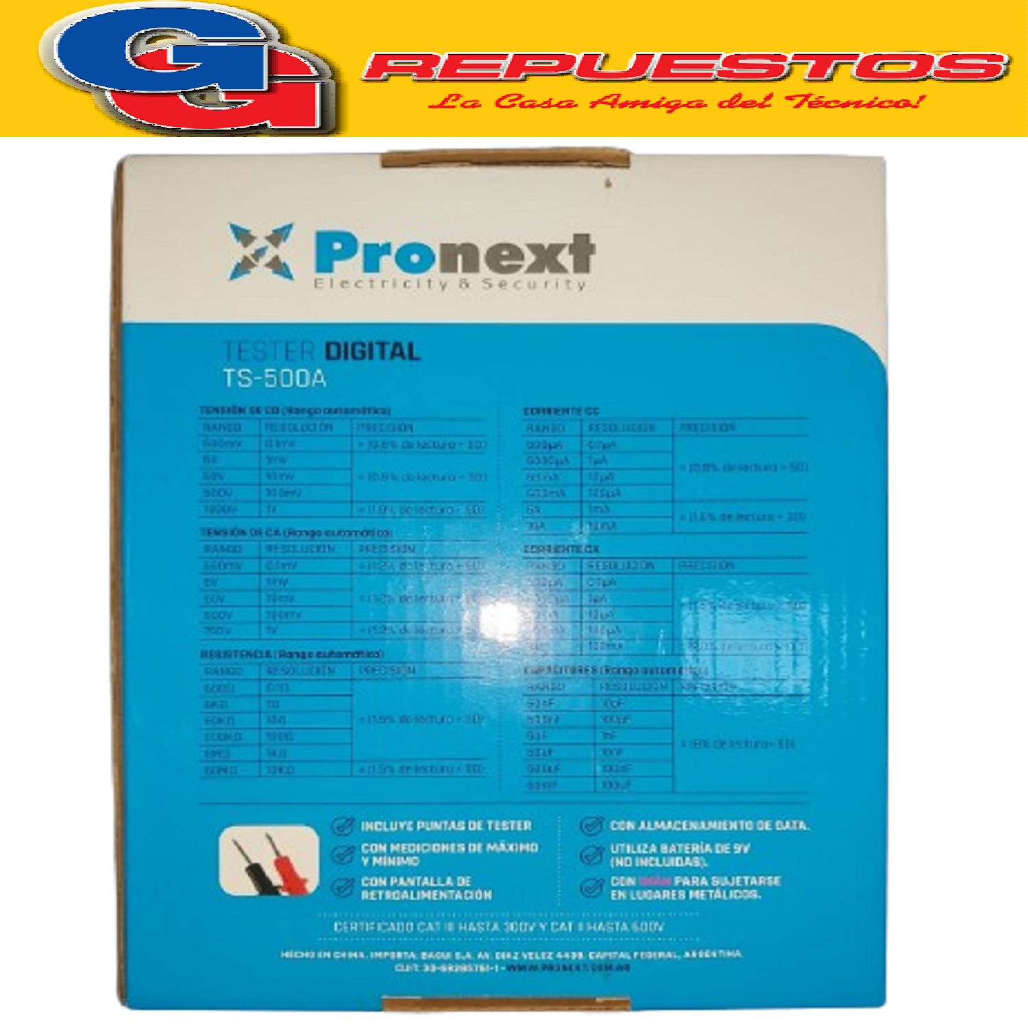 TESTER AUTORANGO Y CON SUJETADOR TS 500A Utiliza batería de  9V (no Incluida)