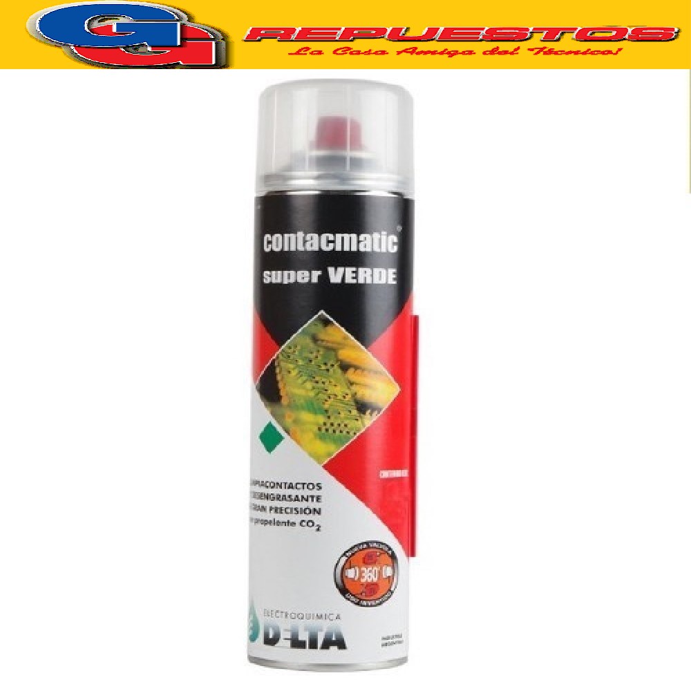 CONTACMATIC SUPER VERDE CON PROPELENTE CO2 450GR LIMPIA CONT ACTOS Características:
Poderoso limpiacontactos y desengrasante de alta pureza. Penetra rápidamente, removiendo los contaminantes más difíciles. De veloz evaporación, no deja residuos ni humedad. Apto para la limpieza de conectores de computación, microrelés, placas electrónicas, borneras, instrumental, mecanismos de precisión, zócalos, electricidad y electrónica del automotor. Utilizable en equipos en funcionamiento,