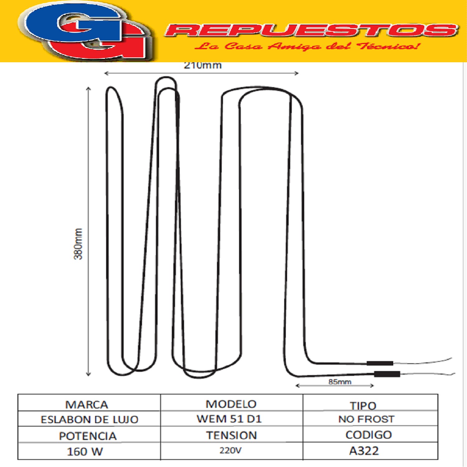 RESISTENCIA ALUMINIO PARA HELADERA ESLABON LUJO WEM51D1 HELA DERA NO FROST  WHIRLPOOL WEM51D1 WEM50D W10555135