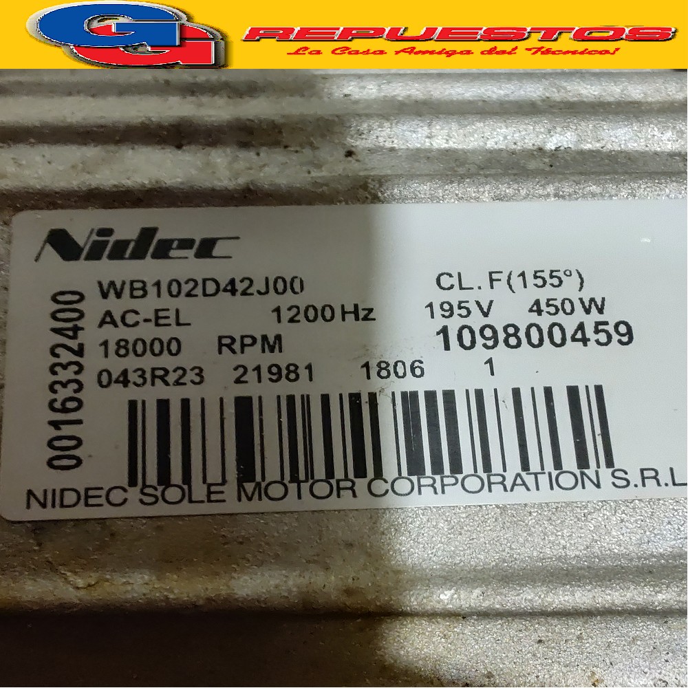 MOTOR LAVARROPAS DREAN NEXT 8.14 INVERTER NUEVO NIDEC WB102D 42J00 CL. 155(F) AC-EL 1200 Hz 195 V 450W 18000 RPM 109800459