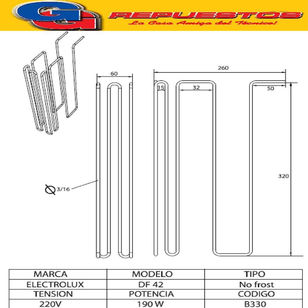 RESISTENCIA ALUMINIO PARA HELADERA ELECTROLUX DF34A DF36A  E LECTROLUX DF36A DF37 DF38 DF40 DF42 NO FROST DF34A-
DF36A-DF36X-DFN39 NACIONAL 220V 190W A15648602 5210608 (ELECTROLUX) EVAPORADOR 220V CON RESISTENCIA DE DESHIELO (EX 70096208 )
DF35X - DF35A - DFX39 - DF36X - DF36A - DF34A - DFN39
Cod.Origen:
70096208 (ELECTROLUX) 64684710_Resistencia Evaporador Electrolux DF37-DF38A-DF38X-DF39A-DF40A Tension 220v