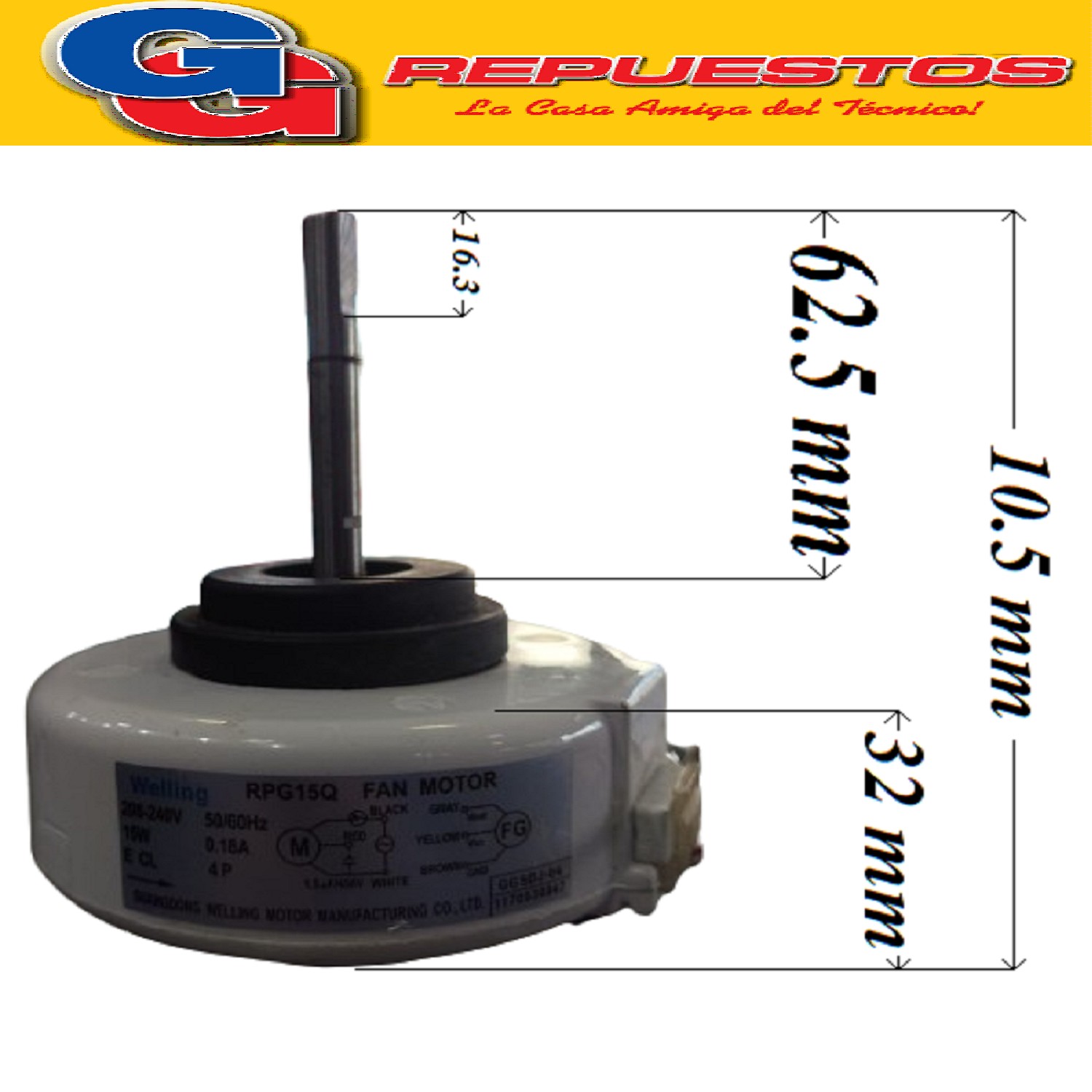 MOTOR FORZADOR EVAPORADOR PARA AIRE ACONDICIONADO RPG15Q 15W 0.18A 4P GIRO ANTIHORARIO