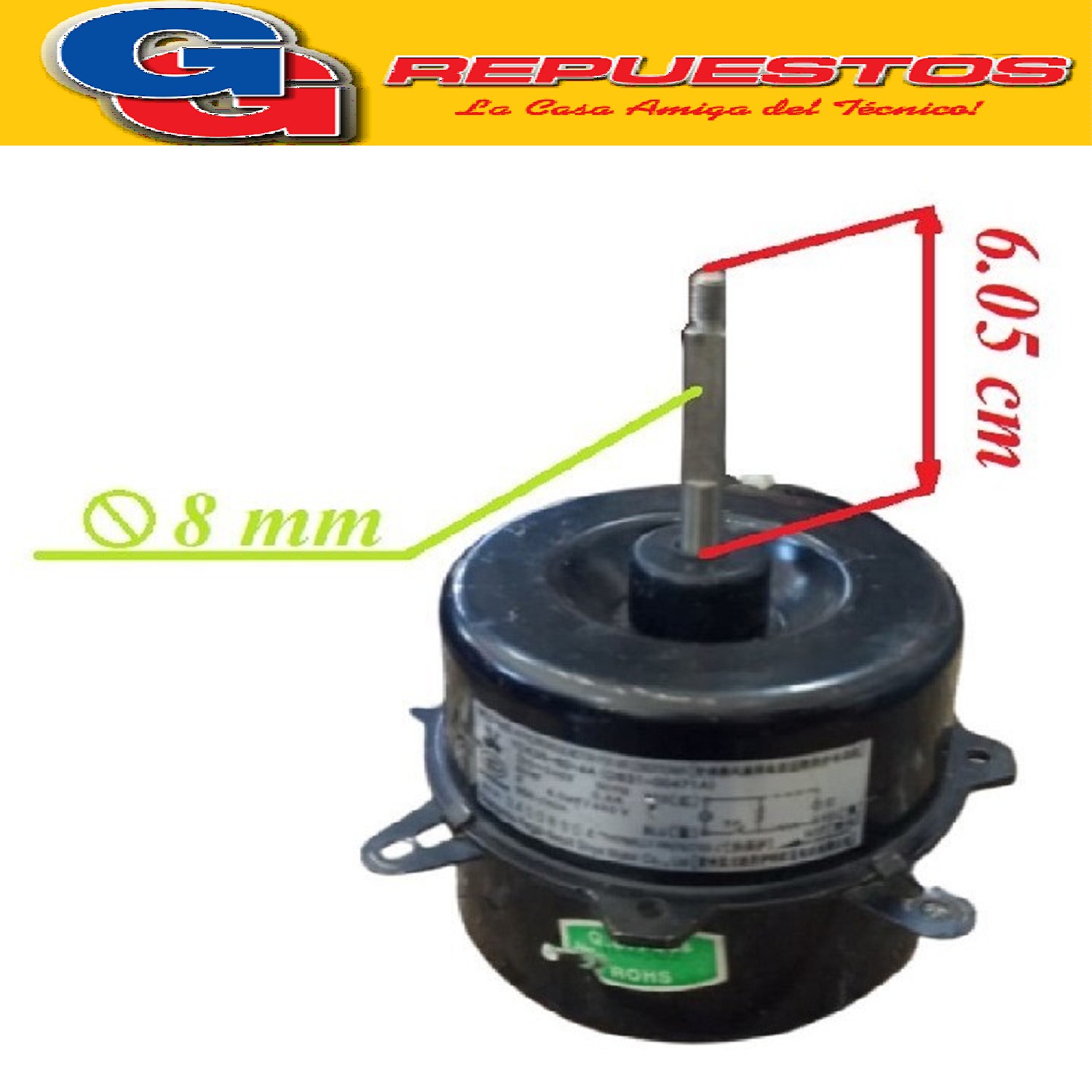 FORZADOR MOTOR CONDENSADOR AIRE ACONDICIONADO  YDK95-60-4A   GIRO HORARIO 22 0-24 0v 50Hz 60W 0.6A 950r/min 05db3100471abOUGb4t0106 ALTO 8.8CM ANCHO 9.7CM EJE 8MM SPLIT