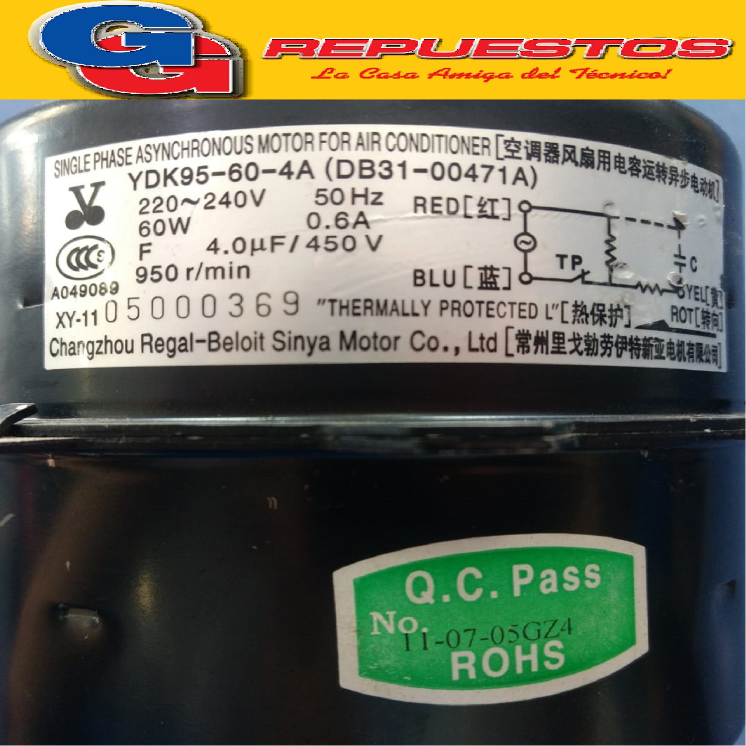FORZADOR MOTOR CONDENSADOR AIRE ACONDICIONADO  YDK95-60-4A   GIRO HORARIO 22 0-24 0v 50Hz 60W 0.6A 950r/min 05db3100471abOUGb4t0106 ALTO 8.8CM ANCHO 9.7CM EJE 8MM SPLIT