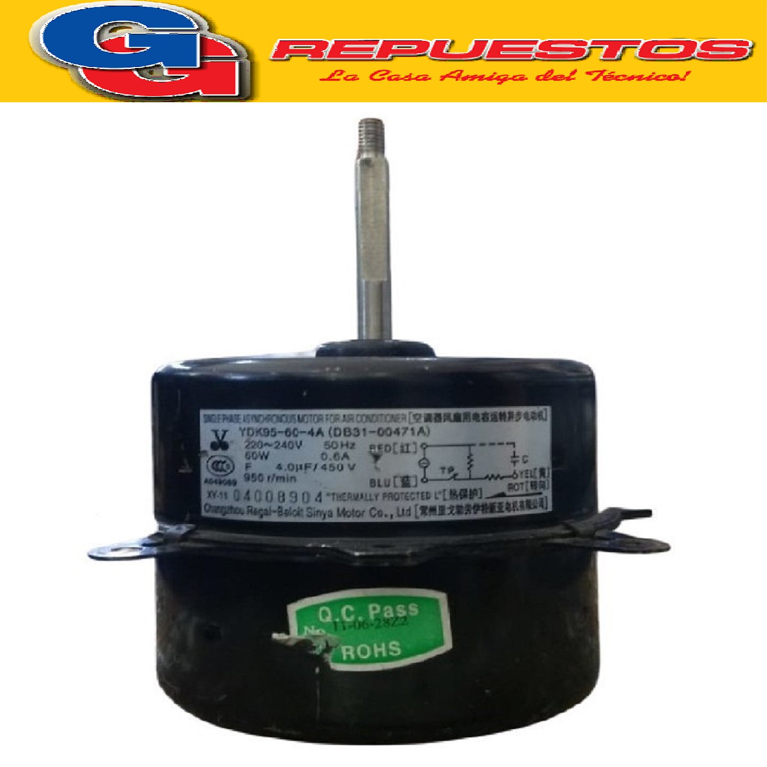 FORZADOR MOTOR CONDENSADOR AIRE ACONDICIONADO  YDK95-60-4A   GIRO HORARIO 22 0-24 0v 50Hz 60W 0.6A 950r/min 05db3100471abOUGb4t0106 ALTO 8.8CM ANCHO 9.7CM EJE 8MM SPLIT