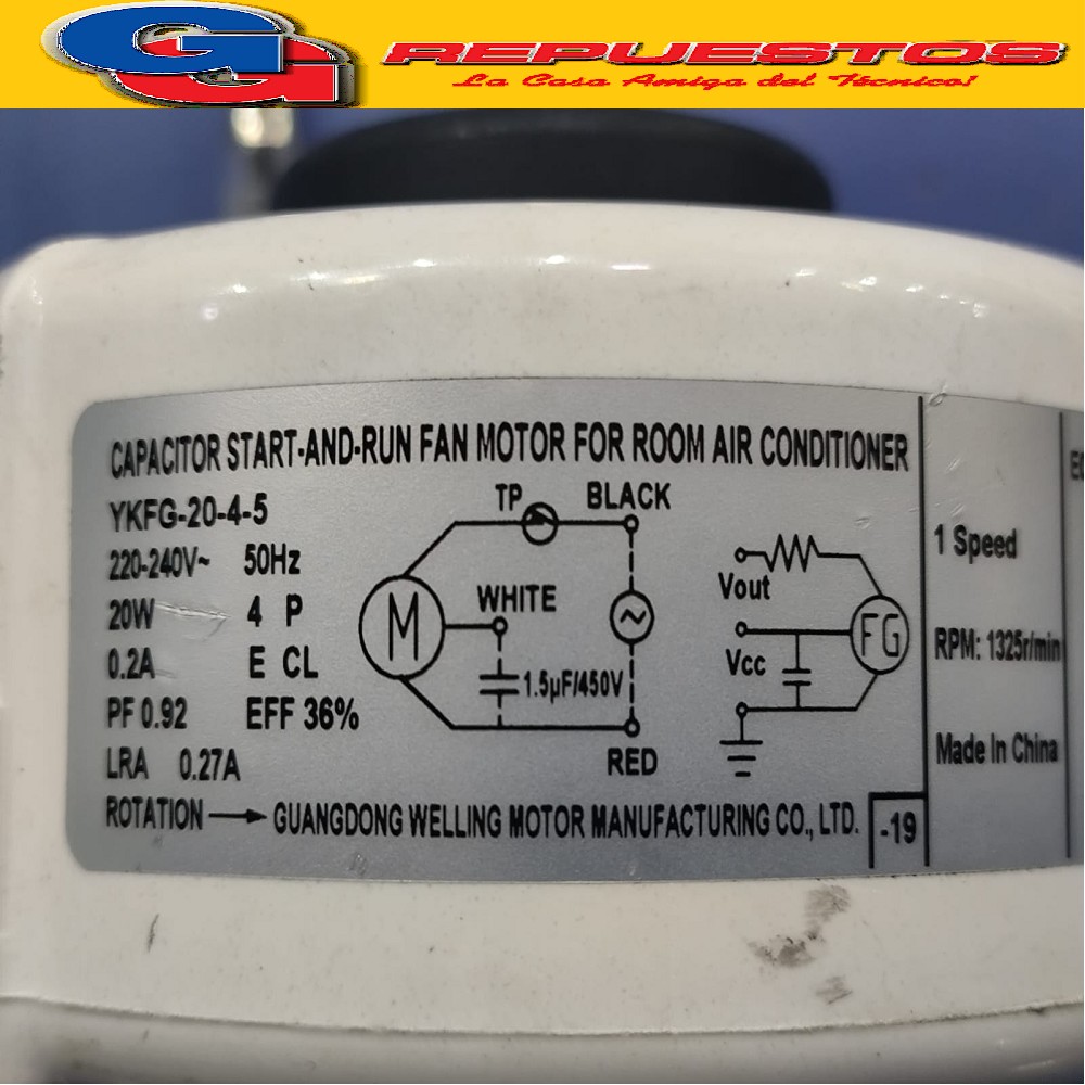 MOTOR FORZADOR EVAPORADOR AIRE ACONDICIONADO SPLIT  YKFG-20- 4-5 220V 20W 4P 0.2A 1325RPM CAPACITOR 1uF SENTIDO DE GIRO ANTIHORARIO