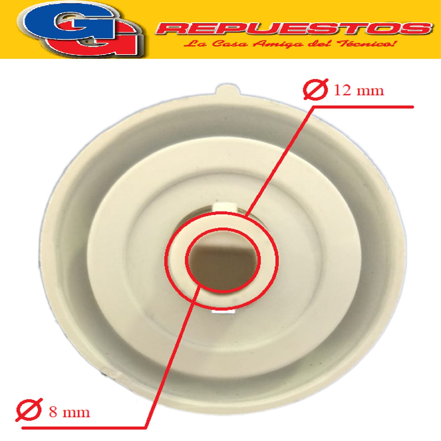 VOLANTE PERILLA COCINA PARA LONGVIE - KENIA 2000 BLANCA Ø8MM / PERILLA CON ARO Y RESORTE / DIAMETRO DEL EJE 8MM