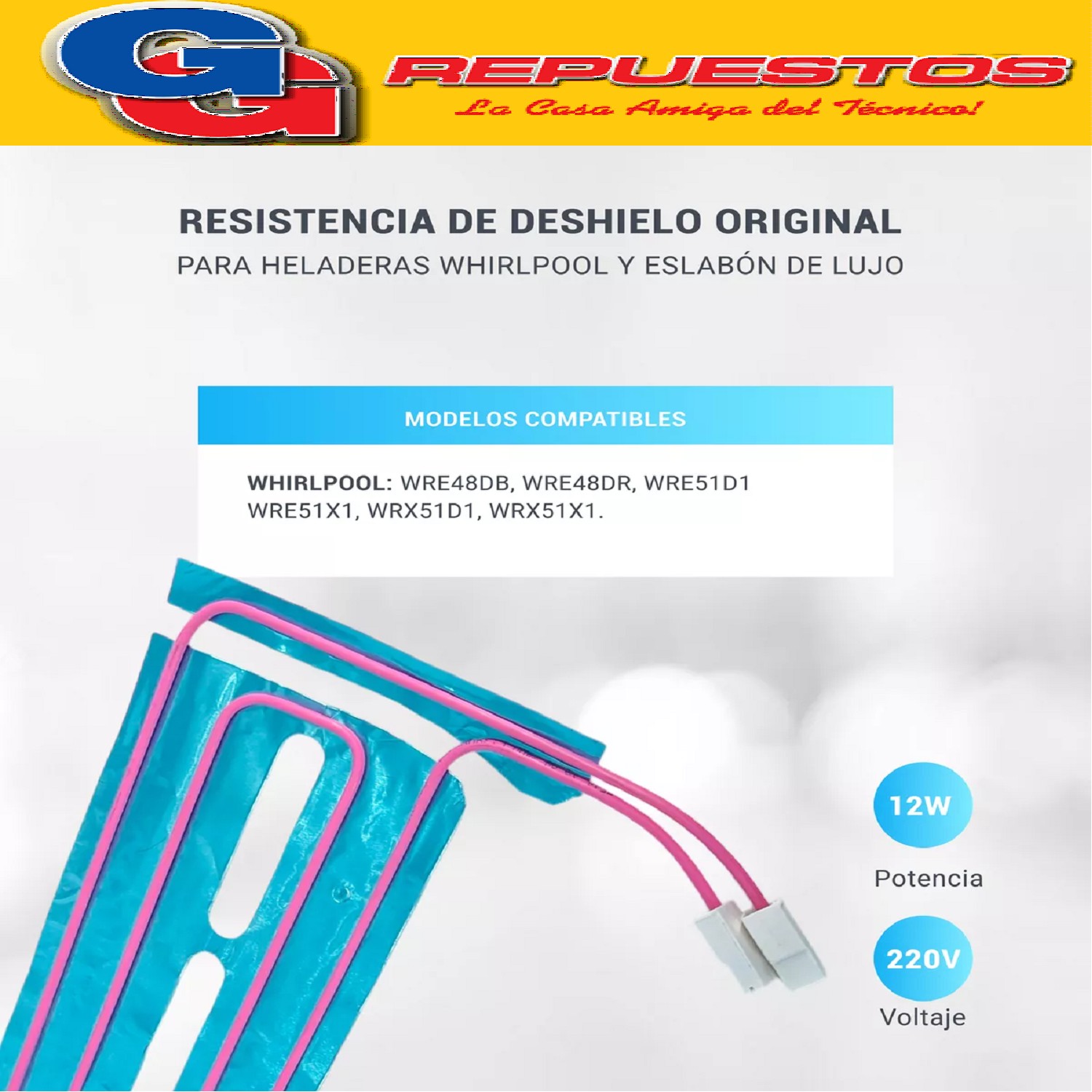 RESISTENCIA CANALETA ALUMINIO PARA HELADERA WHIRLPOOL WRE48D B-WRE48DR-WRE48EB-WRE48ER-WRE51D1-WRE51X1-WRX51D1-WRX51X1 ( Cod.Origen: W10212827 (WHIRLPOOL) RESISTENCIA 220V WRE48 220/240V 12W Produttore: Made in Brazil WRE 48 DB