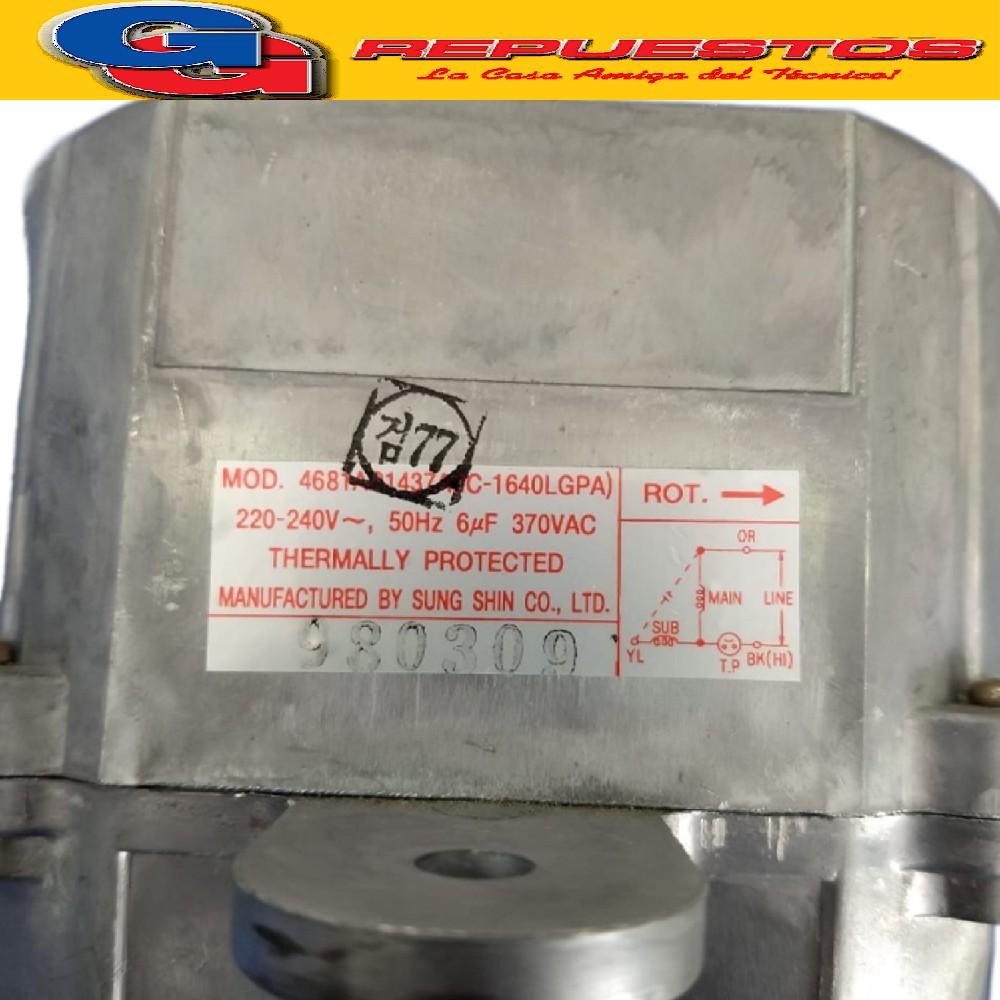 FORZADOR MOTOR CONDENSADOR AIRE ACONDICIONADO COMPATIBLE CON 4681AR1437 BGH SPLIT 59G81AR1437A GIRO ANTIHORARIO (IC-1640LGPA) 220-240V 50Hz 6uF 980309 EJE 12MM