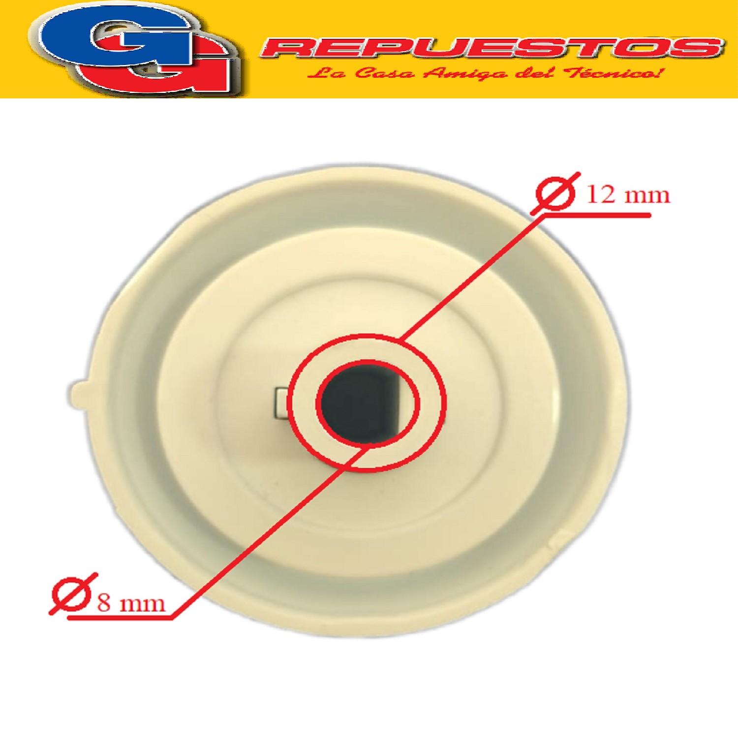 VOLANTE PERILLA COCINA PARA LONGVIE 2001 BLANCA Ø 8 MM /   P ERILLA  CON ARO Y RESORTE / DIAMETRO DEL EJE 8MM / KENIA - ORBIS
