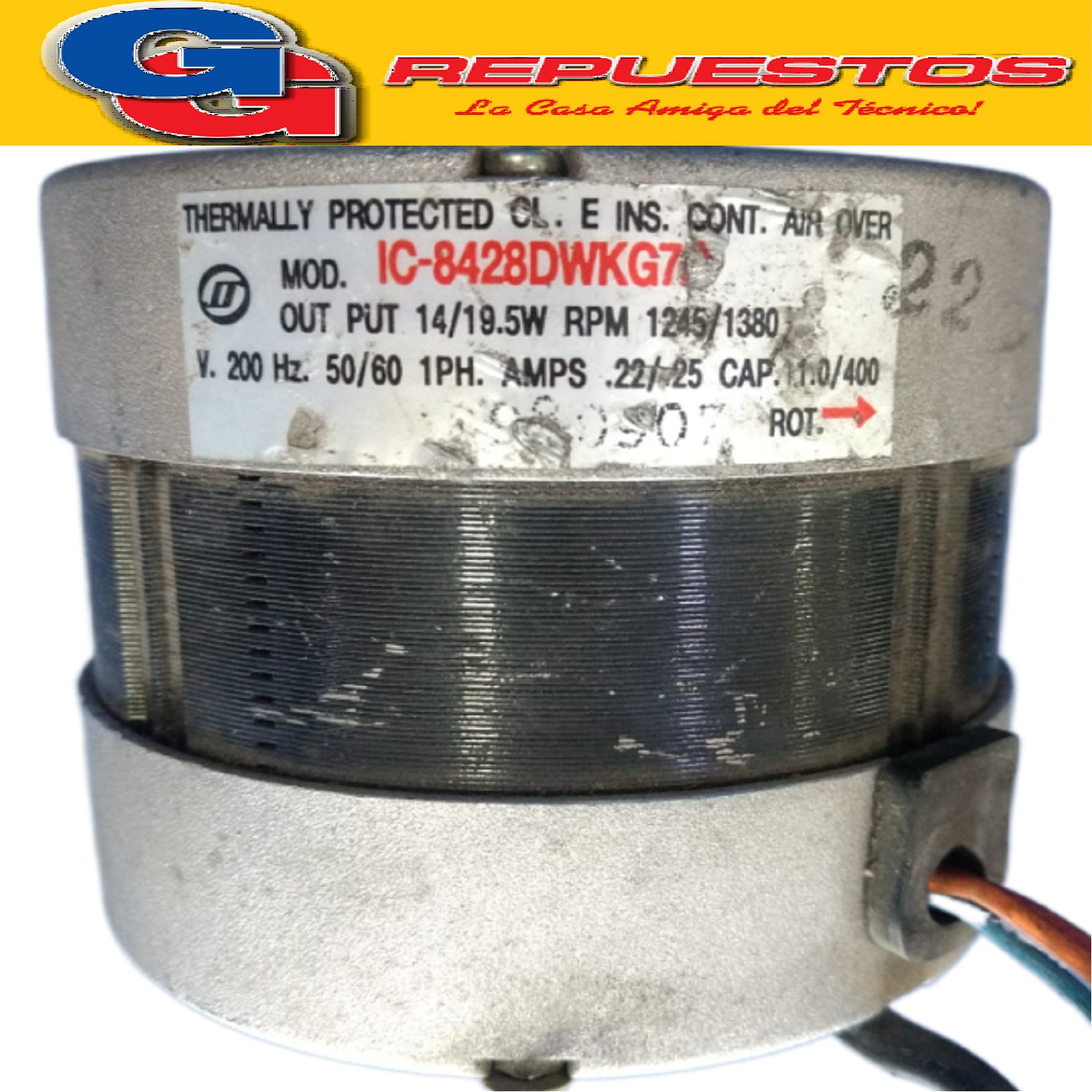 FORZADOR MOTOR EVAPORADOR AIRE ACONDICIONADO IC-8428DWKG7A   14/19.5W 1245/1380 RPM 200V. 50/60HZ 1PH. 22/25A. CAPACITOR 1UF, DIAMETRO DEL EJE 8MM. PARA SPLIT