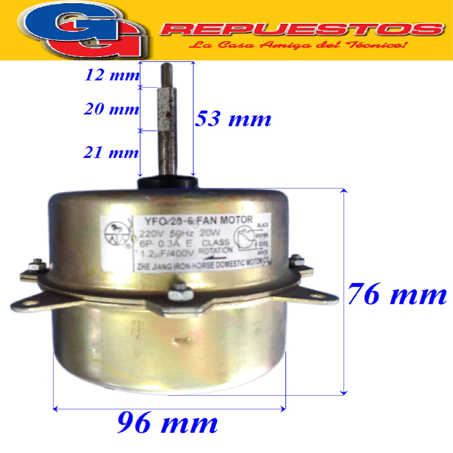 FORZADOR MOTOR CONDENSADOR AIRE ACONDICIONADO YFO20-6 20W 22 0V. 50HZ 0.3A 6 POLOS CAPACITOR 1.2UF PARA AIRE SPLIT