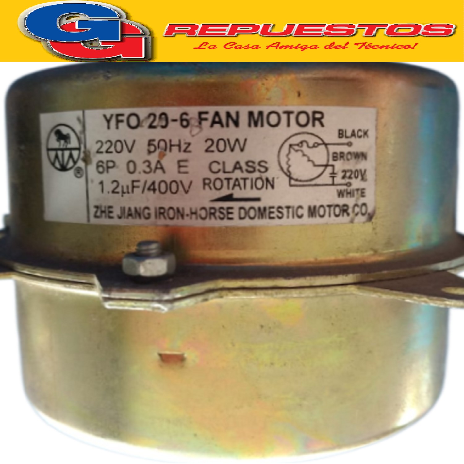 FORZADOR MOTOR CONDENSADOR AIRE ACONDICIONADO YFO20-6 20W 22 0V. 50HZ 0.3A 6 POLOS CAPACITOR 1.2UF PARA AIRE SPLIT