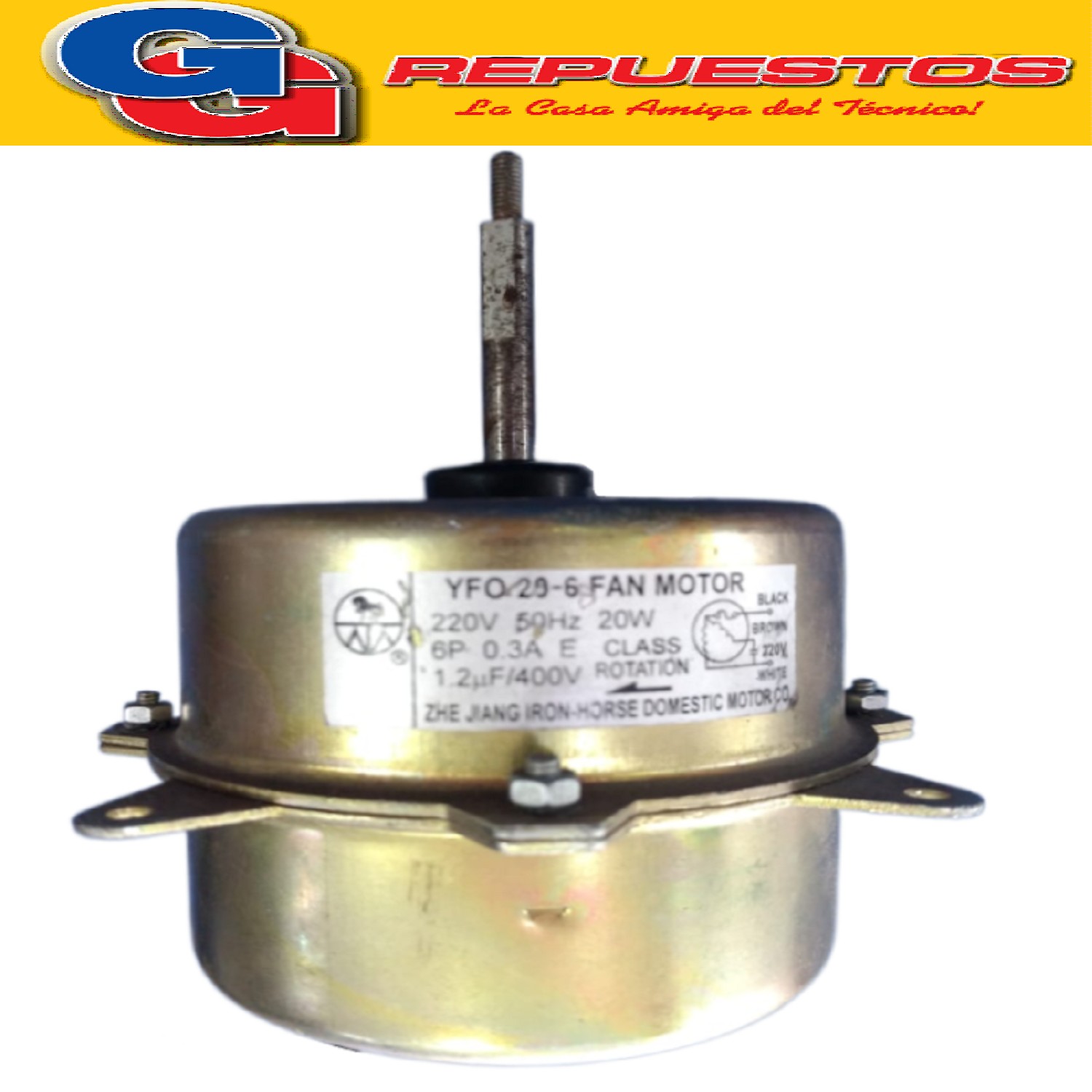 FORZADOR MOTOR CONDENSADOR AIRE ACONDICIONADO YFO20-6 20W 22 0V. 50HZ 0.3A 6 POLOS CAPACITOR 1.2UF PARA AIRE SPLIT