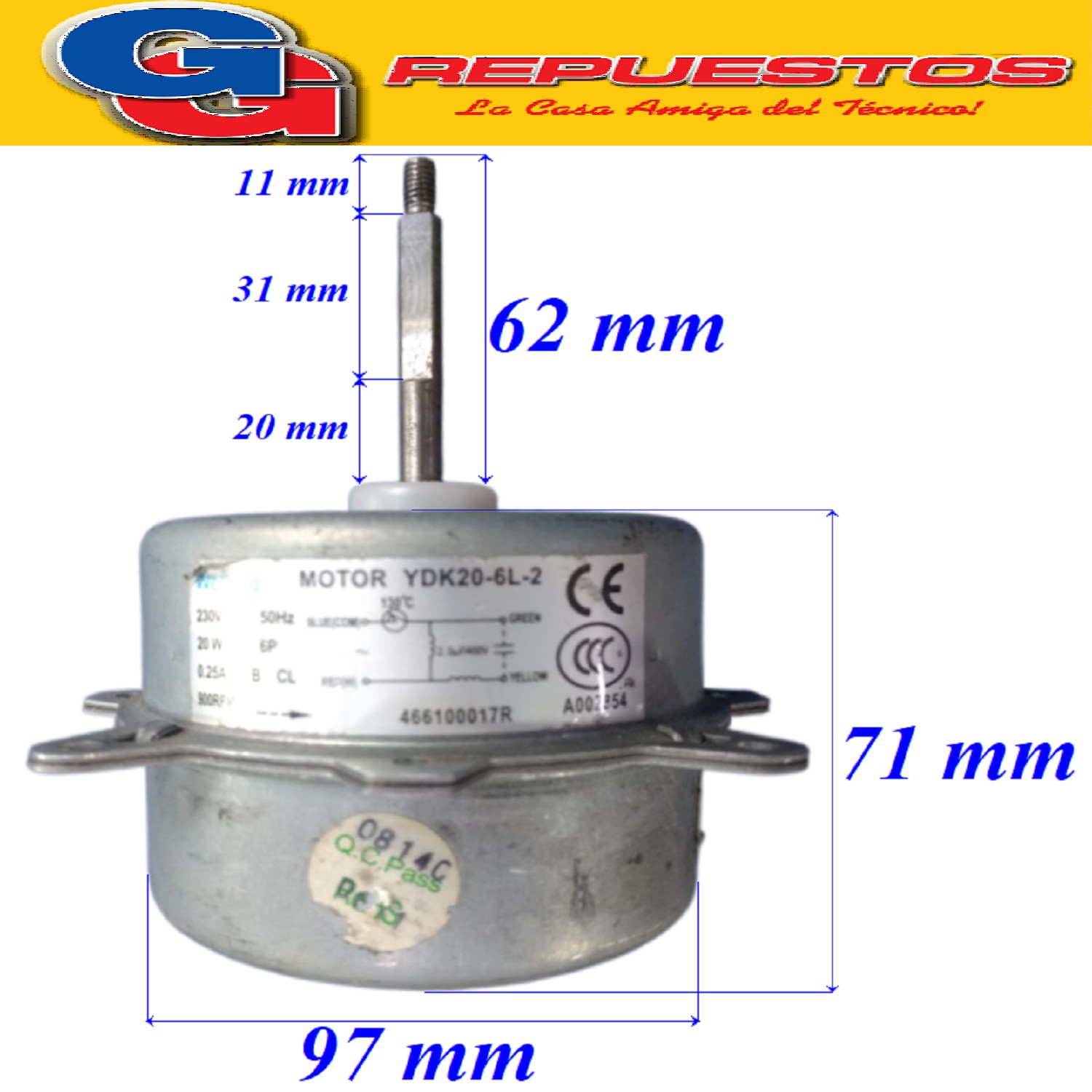 FORZADOR MOTOR CONDENSADOR AIRE ACONDICIONADO YDK20-6L-2 20W 230V. 50HZ 0.25A 6 POLOS CAPACITOR DE 2UF 900RPM (DIAMETRO DEL EJE 8MM) PARA AIRE SPLIT
