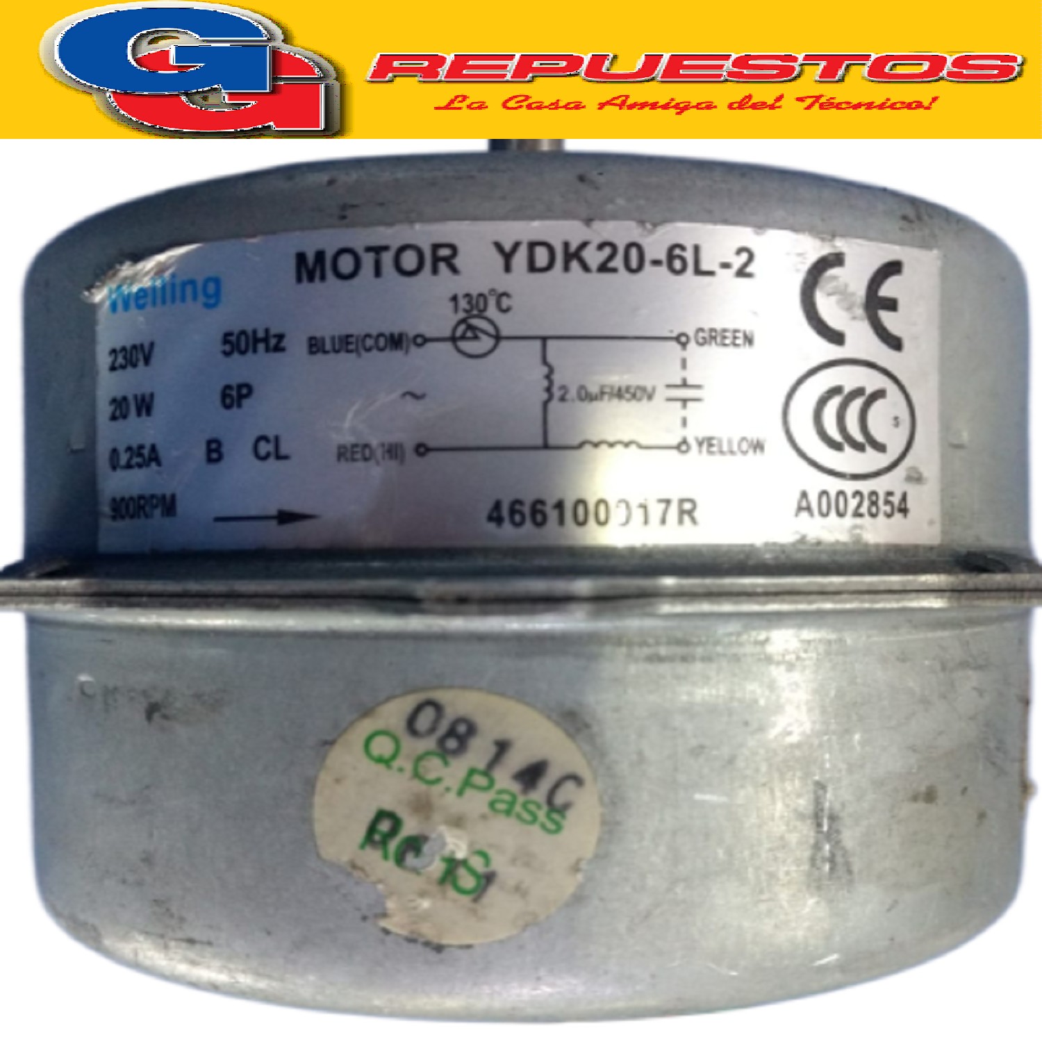 FORZADOR MOTOR CONDENSADOR AIRE ACONDICIONADO YDK20-6L-2 20W 230V. 50HZ 0.25A 6 POLOS CAPACITOR DE 2UF 900RPM (DIAMETRO DEL EJE 8MM) PARA AIRE SPLIT