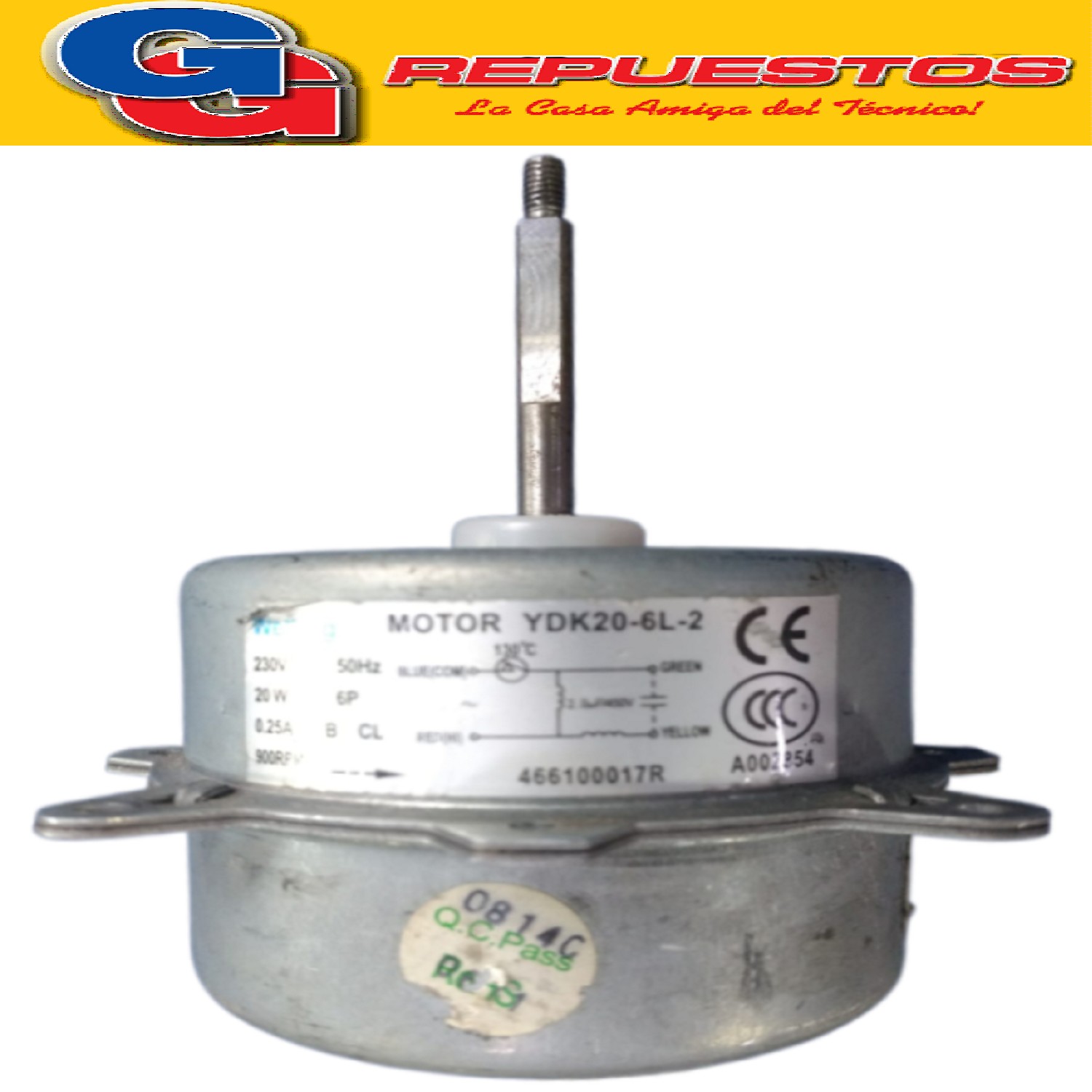 FORZADOR MOTOR CONDENSADOR AIRE ACONDICIONADO YDK20-6L-2 20W 230V. 50HZ 0.25A 6 POLOS CAPACITOR DE 2UF 900RPM (DIAMETRO DEL EJE 8MM) PARA AIRE SPLIT