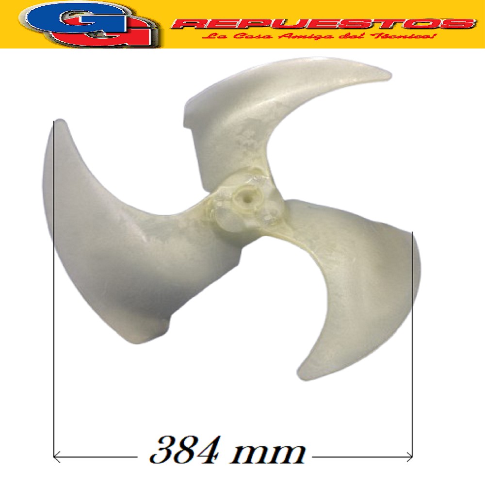 HELICE PALA CONDENSADOR AIRE SPLIT 384X134 EJE DE 8 MM CON   CHAVETA SENTIDO DE GIRO ANTIHORARIO