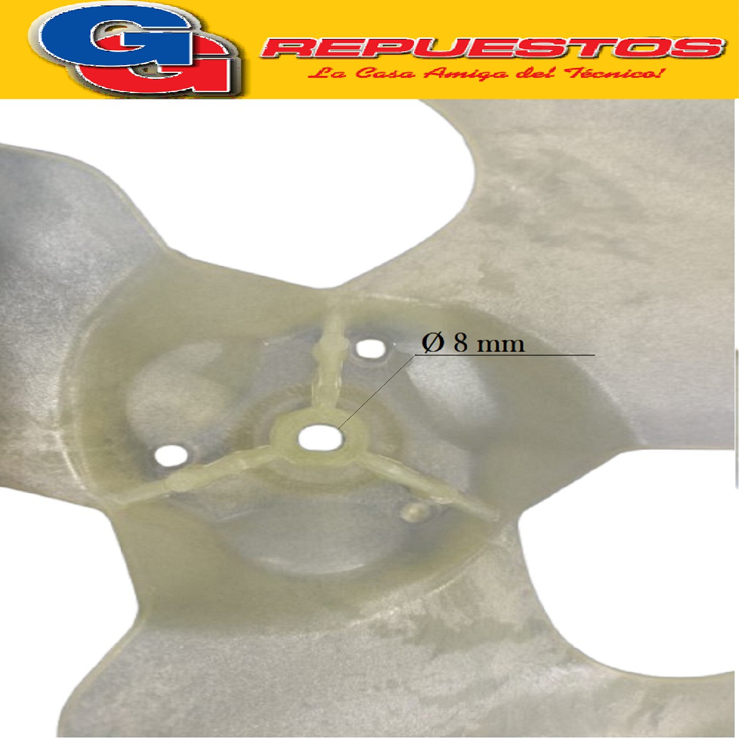 HELICE PALA CONDENSADOR AIRE SPLIT 384X134 EJE DE 8 MM CON   CHAVETA SENTIDO DE GIRO ANTIHORARIO