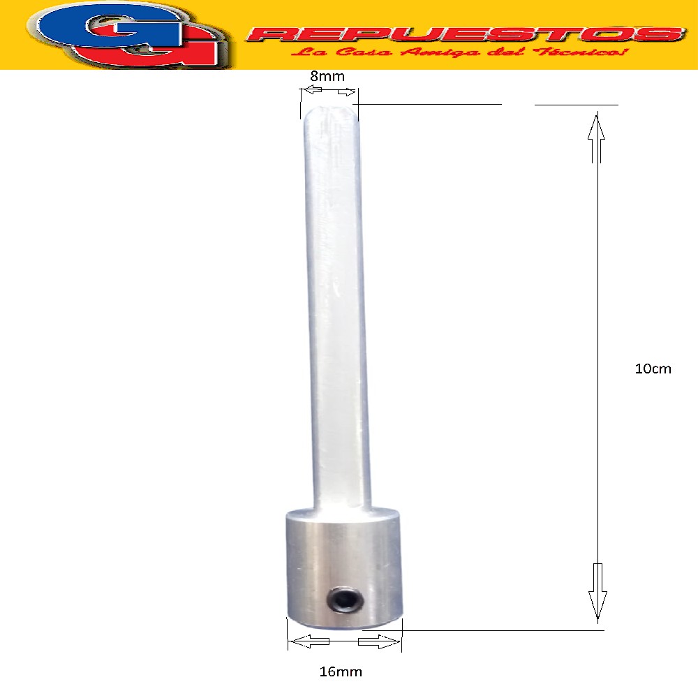PROLONGADOR TURBINA 100MM (INCLUYE PRISIONERO) 8MM DIAMETRO  INTERIOR BUJE, 16mm DIAMETRO EXTERIOR BUJE, LARGO TOTAL 100mm. EJE 8mm MEDIA CAÑA. PROLONGADOR DE A BUJE TURBINA PARA FORZADOR SPLIT RAPTOR TOOLS