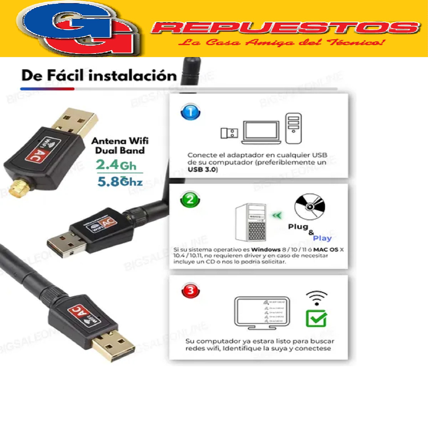 ADAPTADOR ANTENA WIFI USB PARA COMPUTADORAS O NOTEBOOK
