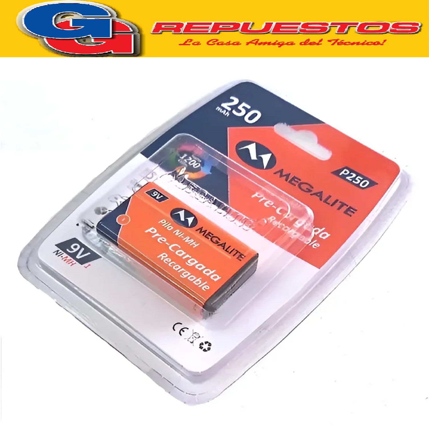 BATERIA 9V PRE-CARGADA RECARGABLE NI-MH (250mAh) MEGALITE