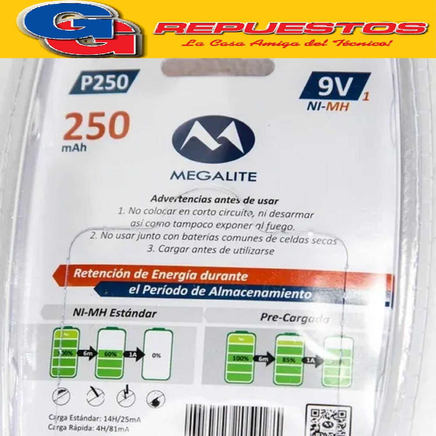BATERIA 9V PRE-CARGADA RECARGABLE NI-MH (250mAh) MEGALITE