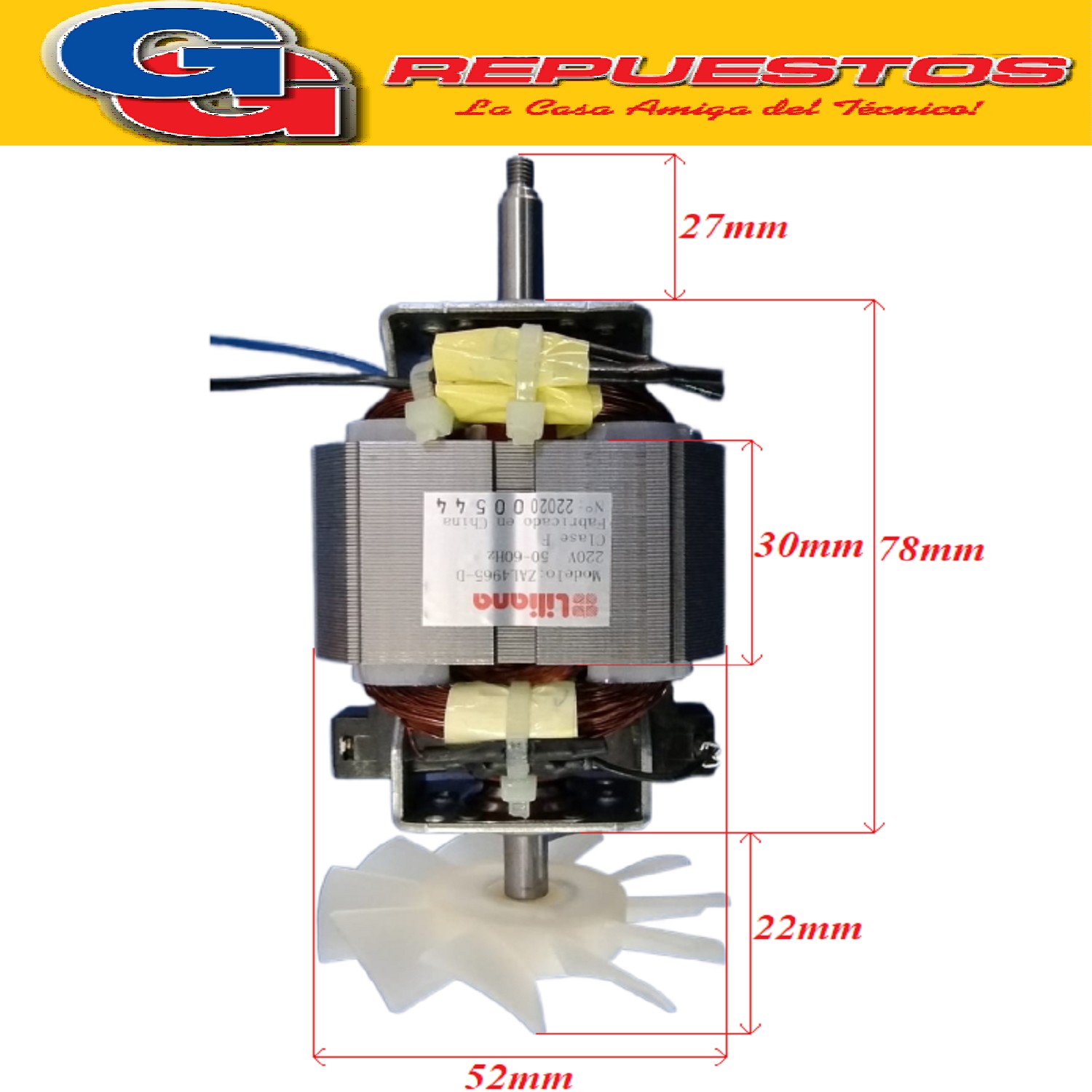 MOTOR 400W LICUADORA LILIANA COMPATIBLE CON LOS MODELOS AL90 0 / AL910 / AL100 / AL110 / AL540 / BL1001-AR / BL1002-AR / BL1002F-AR / BLL15 / ALWB04 DIAMETRO DE LA ROSCA 4MM ROSCA IZQUIERDA DIAMETRO DEL EJE 6MM ZZAL4965