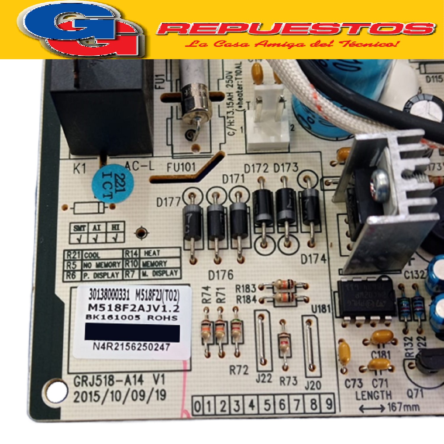 PLAQUETA AIRE ACONDICIONADO SPLIT SANYO M518F2J(TO2)  ORIGI  NAL MAIN BOARD CON SENSORES M518F2J(TO) SANYO, PHILCO, ATMA, MIDEA, RANSER, PANANSONIC, SIAM M518F2AJV1.2 BK161005 Cod Origen: 8-30138000331