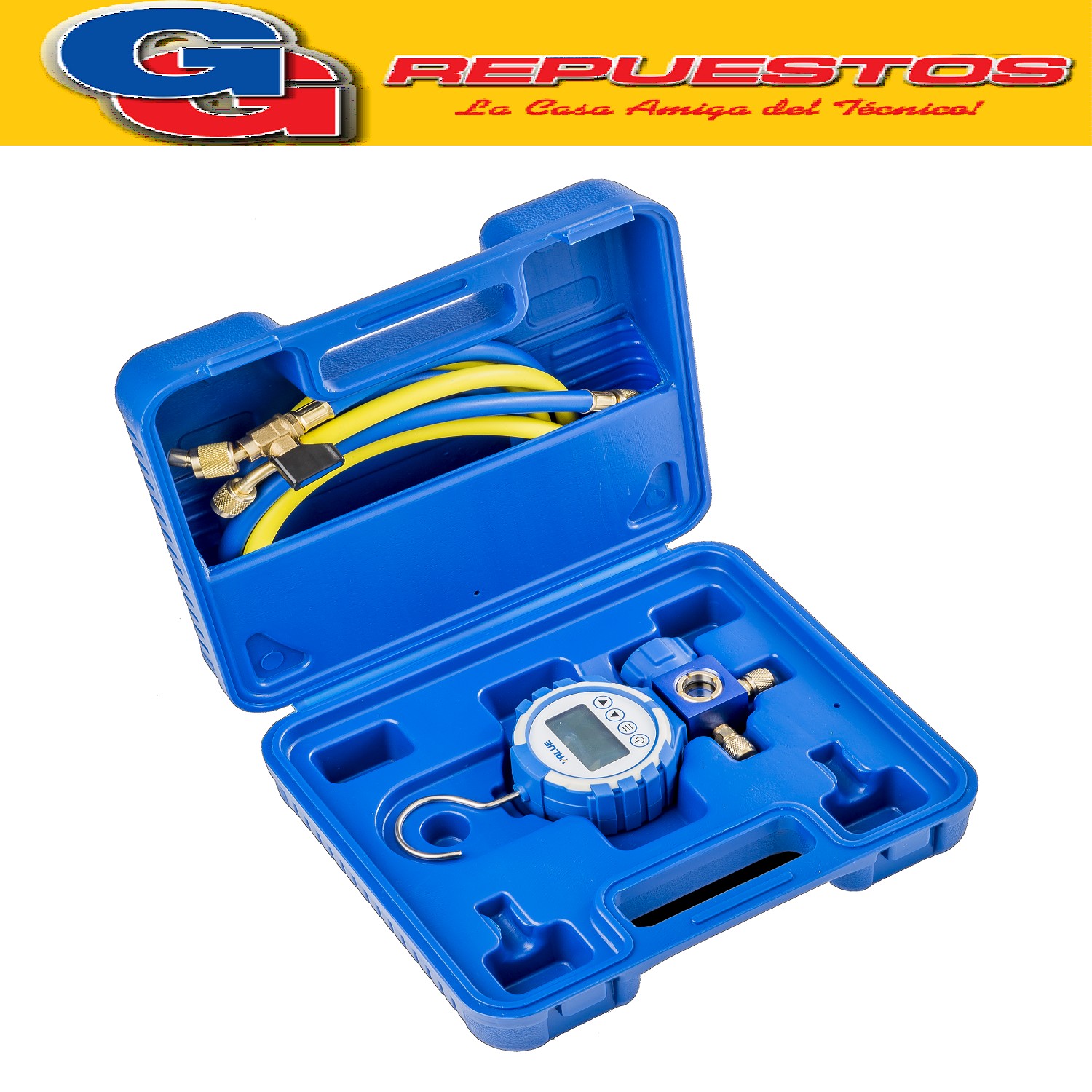 MANIFOLD DIGITAL SIMPLE VALUE VDG-S1 - R22 - R134A - 1234yf  - R290 - R404A - R407C - R410 - R32 - R507 / ESCALAS DE PRESION: PSI - BAR - KPA - MPA - KGF/CM2 / RESOLUCION DE PRESION: 1 PSI - 0.1 BAR - 10 KPA - 0.01 MPA - 0.1 KGF/CM2 / ENTRADA Y SALIDA FLARE 1/4 / ALIMENTACION BATERIA 9V