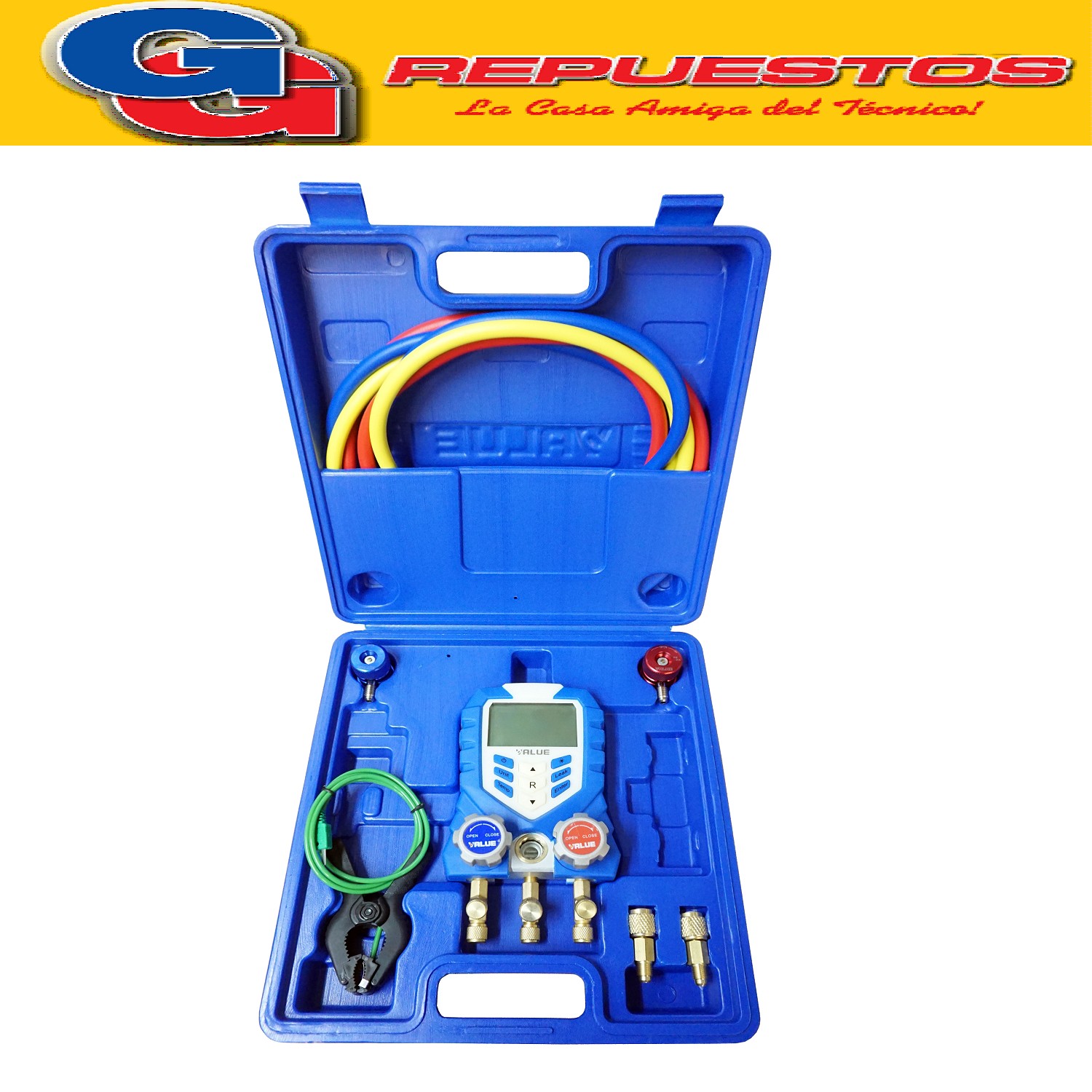 MANIFOLD ANALIZADOR DE GASES DIGITAL VALUE VDG-1 C/MANGUERAS / PARA MAS DE 44 REFRIGERANTES / INCLUYE: MALETIN - ACOPLES DE R134A - PINZA MEDIDORA DE TEMPERATURA - 3 MANGUERAS DE 150 CM - 2 ADAPTADORES 1/4FM x 5/16FH / PARA GASES: R22 - R410 - R134 - R11 - R123 - R404A - R414B - R600A - R428A - R12 - R124 - R406A - R744 - R426A - R417A - R13 - R134a - R407A - R422A - 1234yf - R437A - R22 - R290 - R407C - R422D - R424A - R23 - R401A - R408A - R427A - R434A - R728 - R32  ENTRE OTROS.