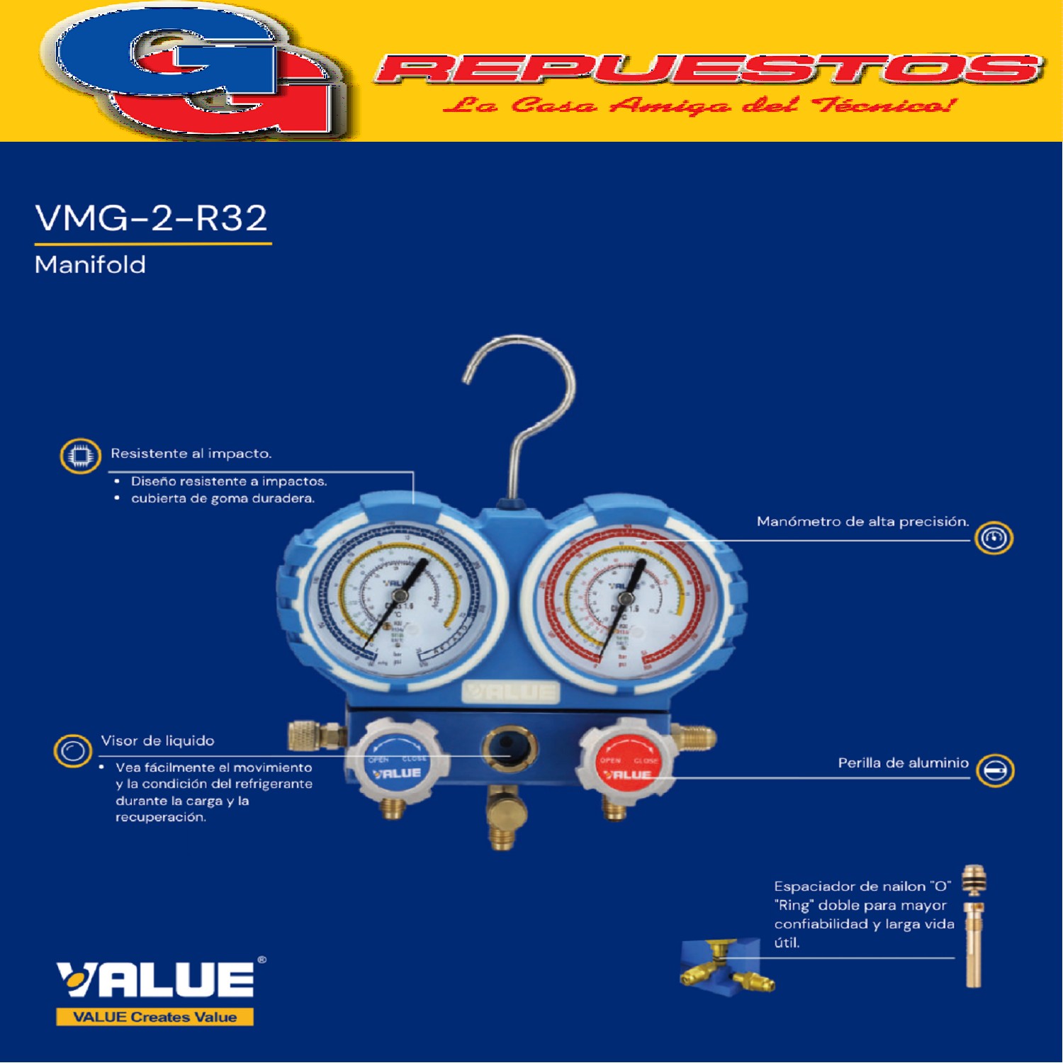 MANIFOLD DE SERVICIO PARA R32 VALUE VMG-2-R32 CON MANGUERAS  Y ADAPTADORES / PARA GASES: R32 - R410a - R-407c - R134 / MANGUERA ROJA, AZUL: 1/4 - 5/16 - MANGUERA AMARILLA: 1/4 - 1/4 - LONGITUD DE MANGUERAS 150 CM.