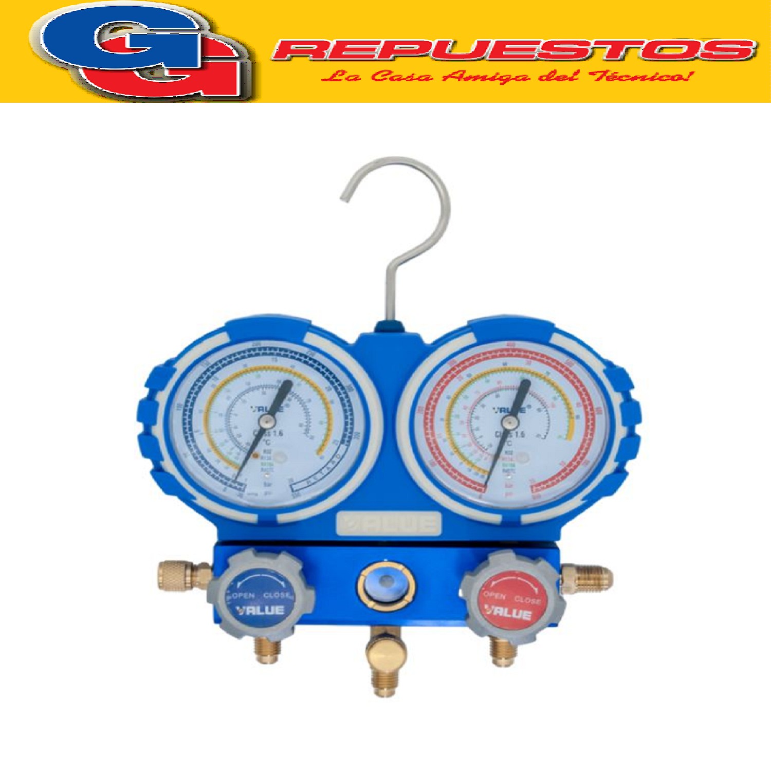 MANIFOLD DE SERVICIO PARA R32 VALUE VMG-2-R32 CON MANGUERAS  Y ADAPTADORES / PARA GASES: R32 - R410a - R-407c - R134 / MANGUERA ROJA, AZUL: 1/4 - 5/16 - MANGUERA AMARILLA: 1/4 - 1/4 - LONGITUD DE MANGUERAS 150 CM.