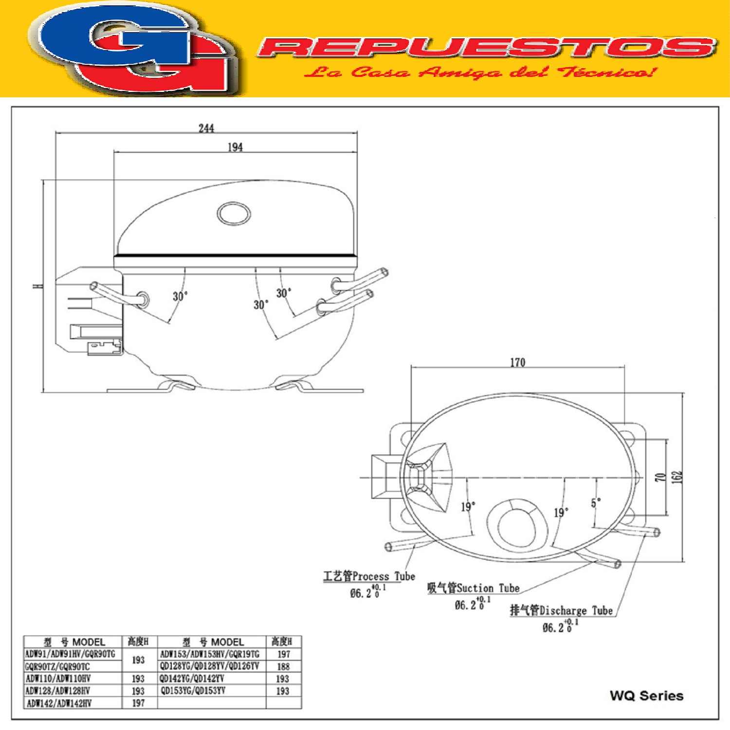 MOTOCOMPRESOR BLUESTAR 1/2 MQ-ADW153 R134 380W - 220V / 50hz 2A